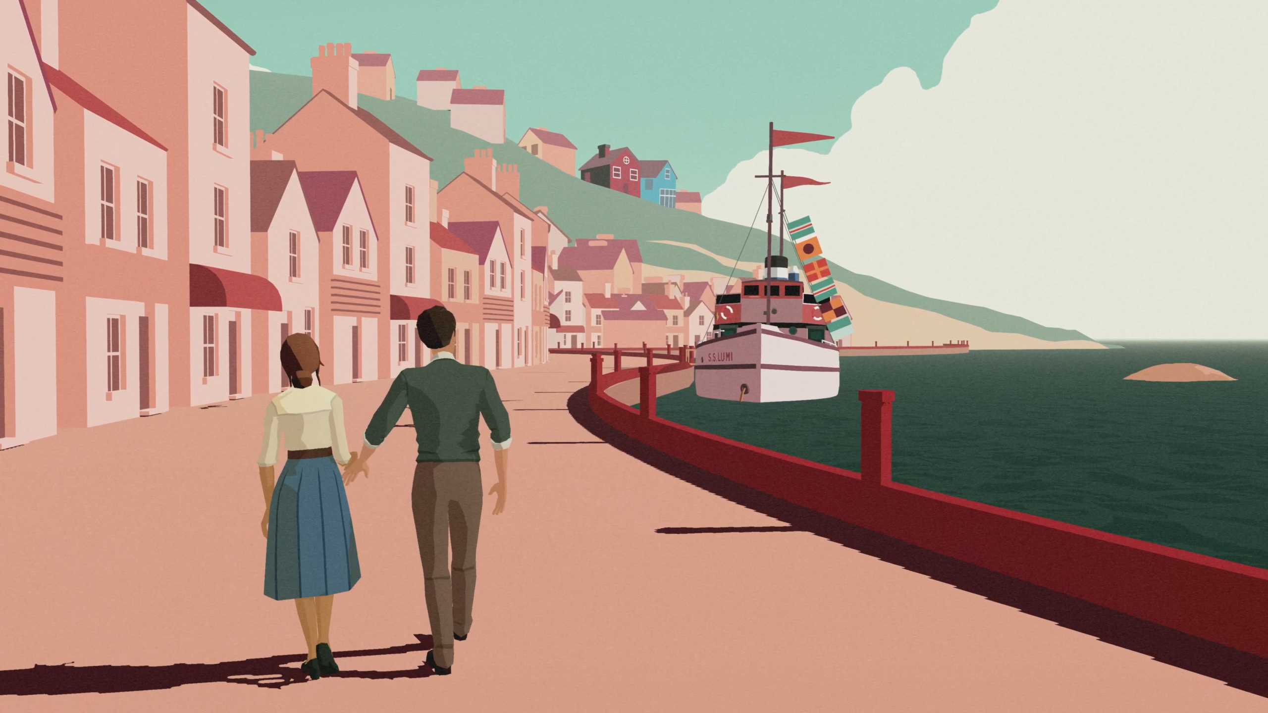 Couple walking by the sea with a ship HD Wallpaper
