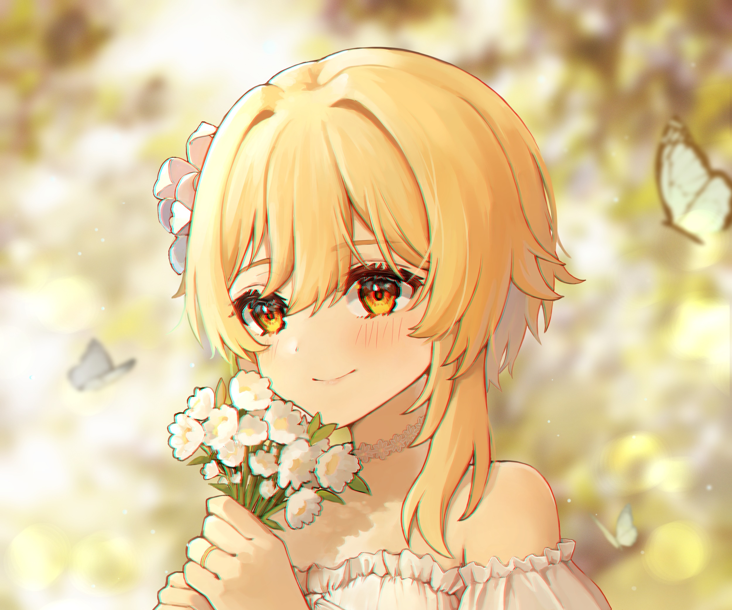 Lumine from Genshin Impact holding flowers HD Wallpaper