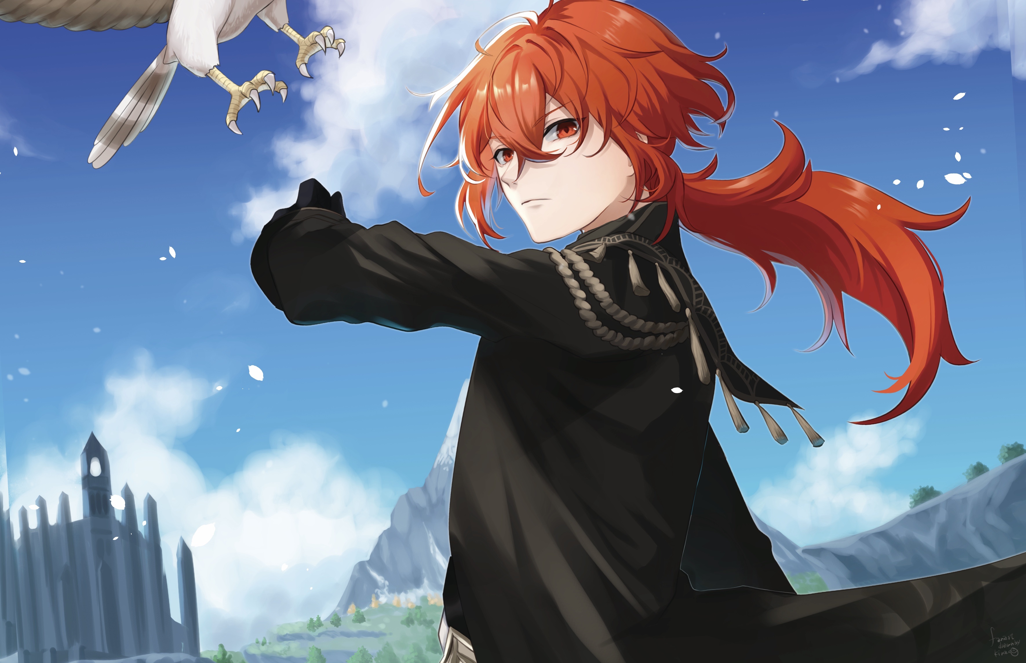 Diluc from Genshin Impact with a bird HD Wallpaper