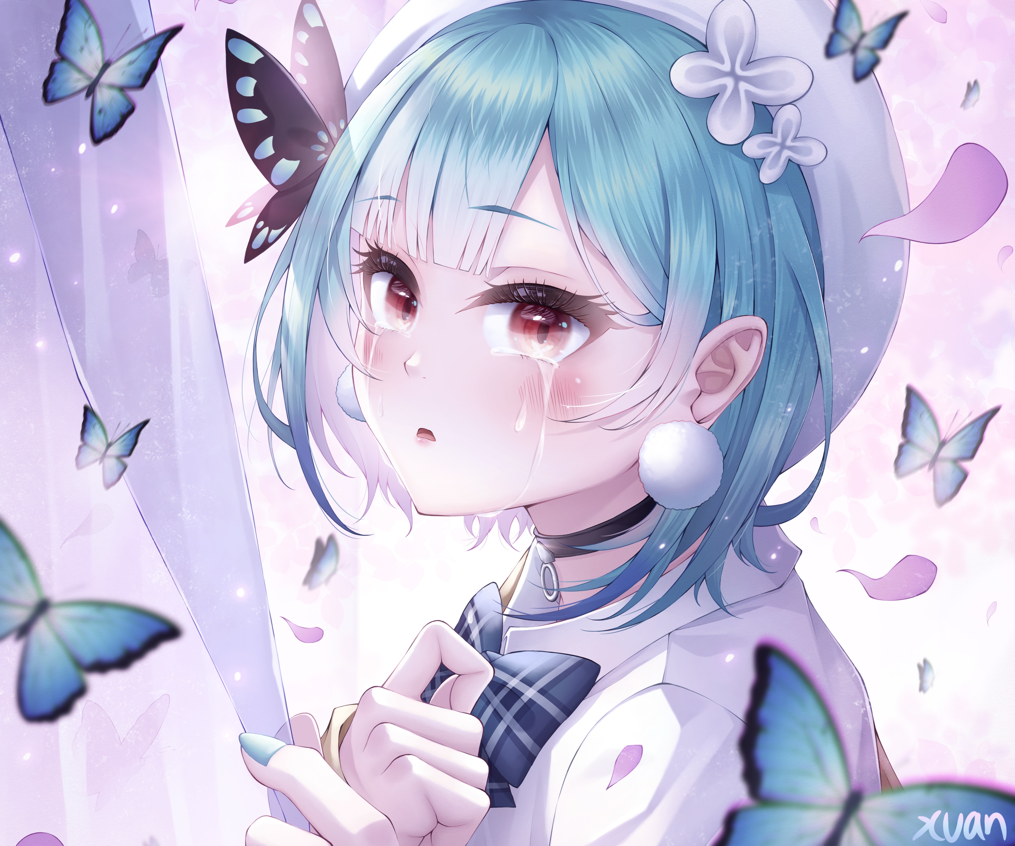 Uruha Rushia from Hololive crying with butterflies HD Wallpaper