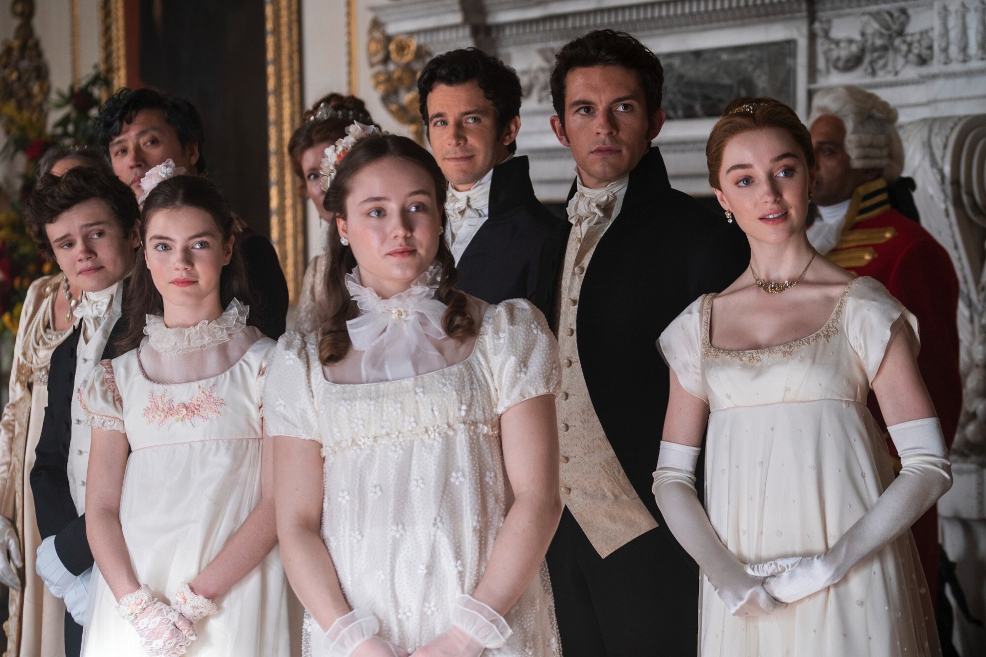 Bridgerton characters in formal attire HD Wallpaper
