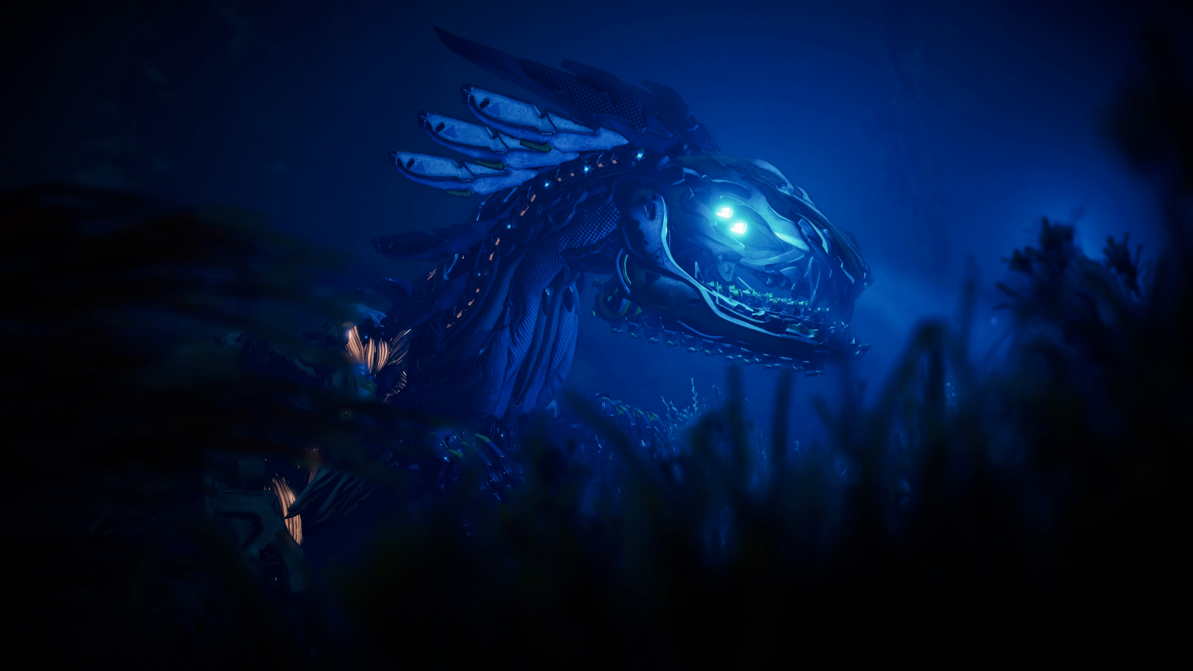 Mechanical Dragon Head in Blue Light HD Wallpaper