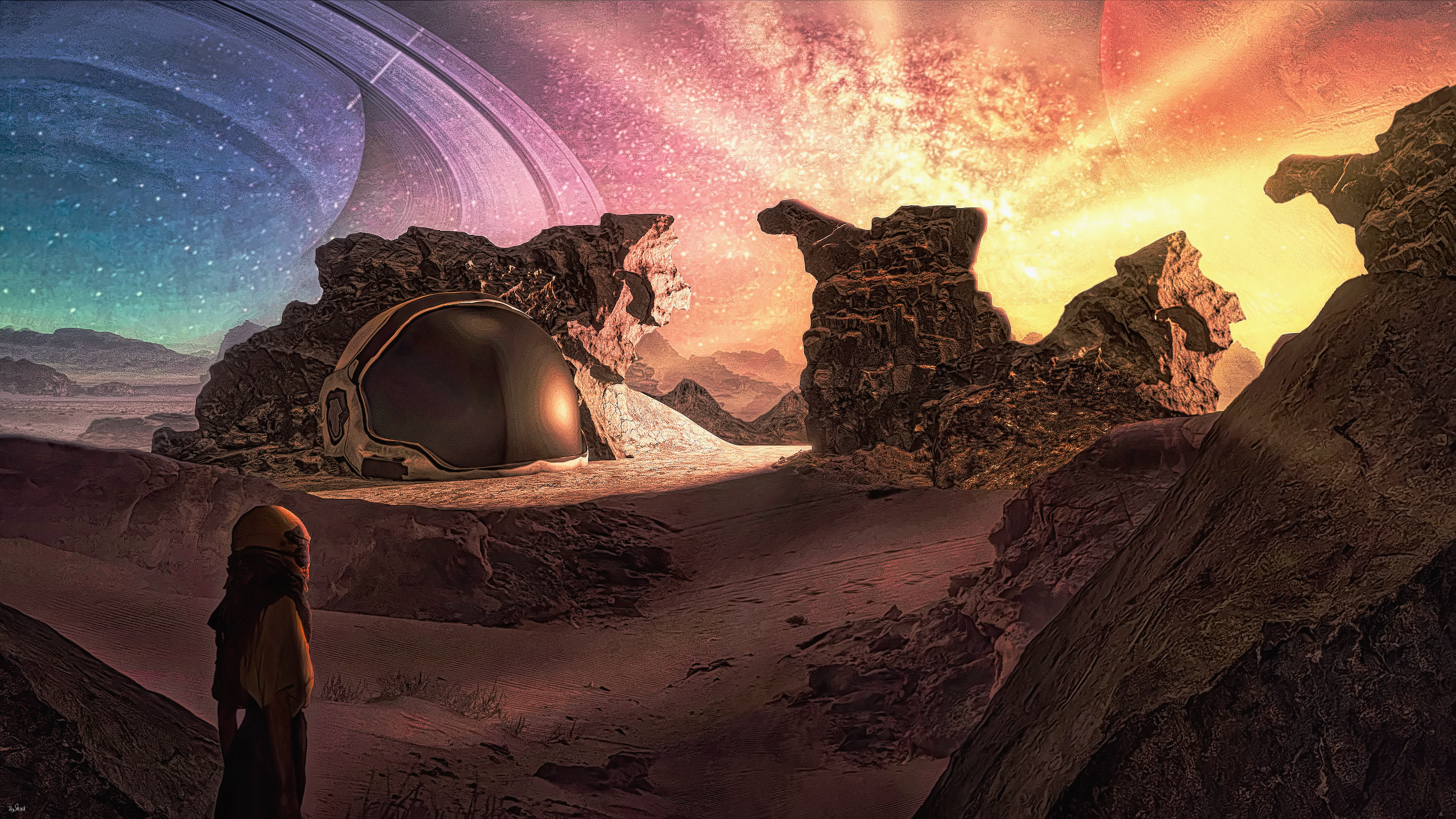 Astronaut on an alien planet with Saturn in the sky HD Wallpaper