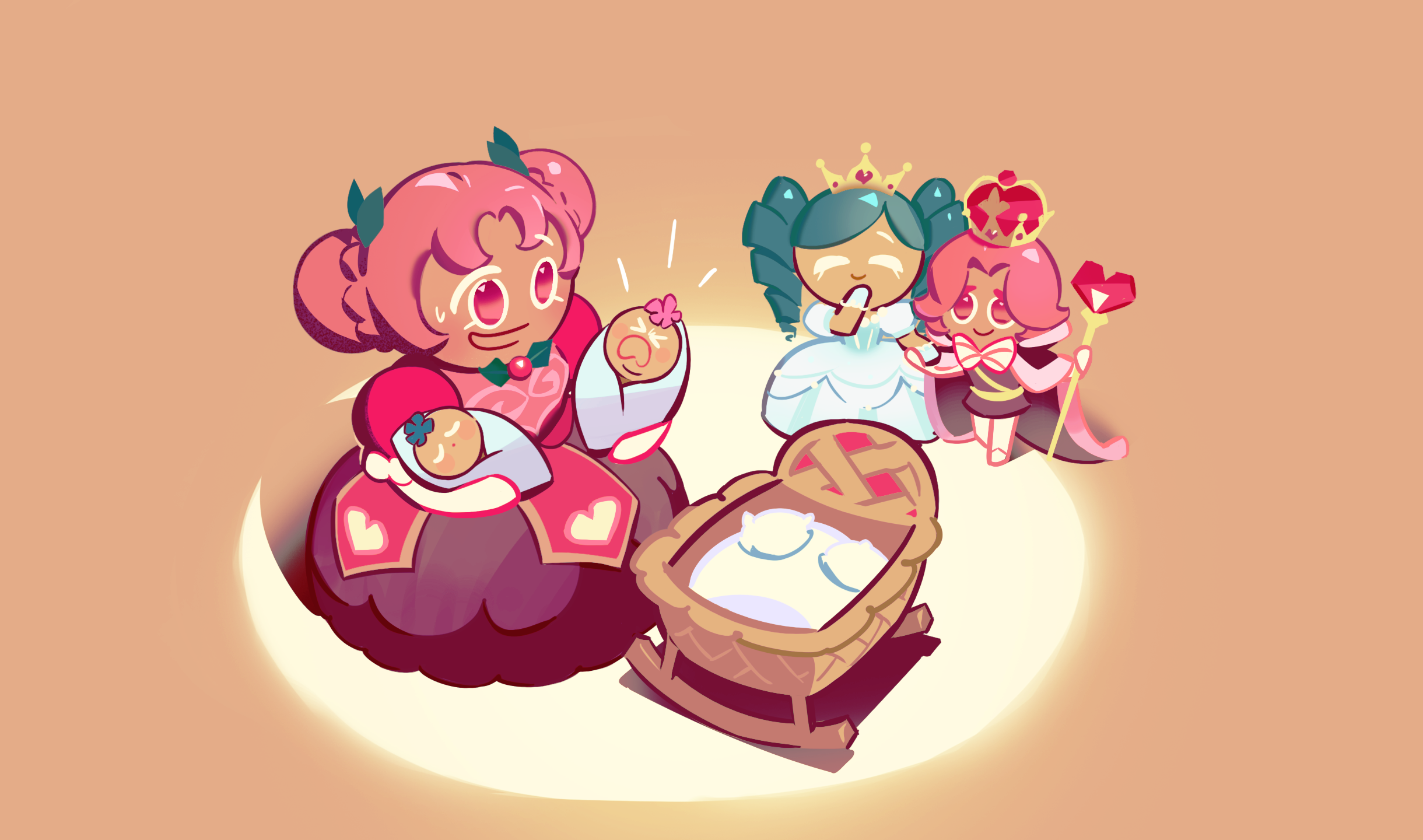 Strawberry Cookie and others with babies from Cookie Run: Kingdom HD Wallpaper