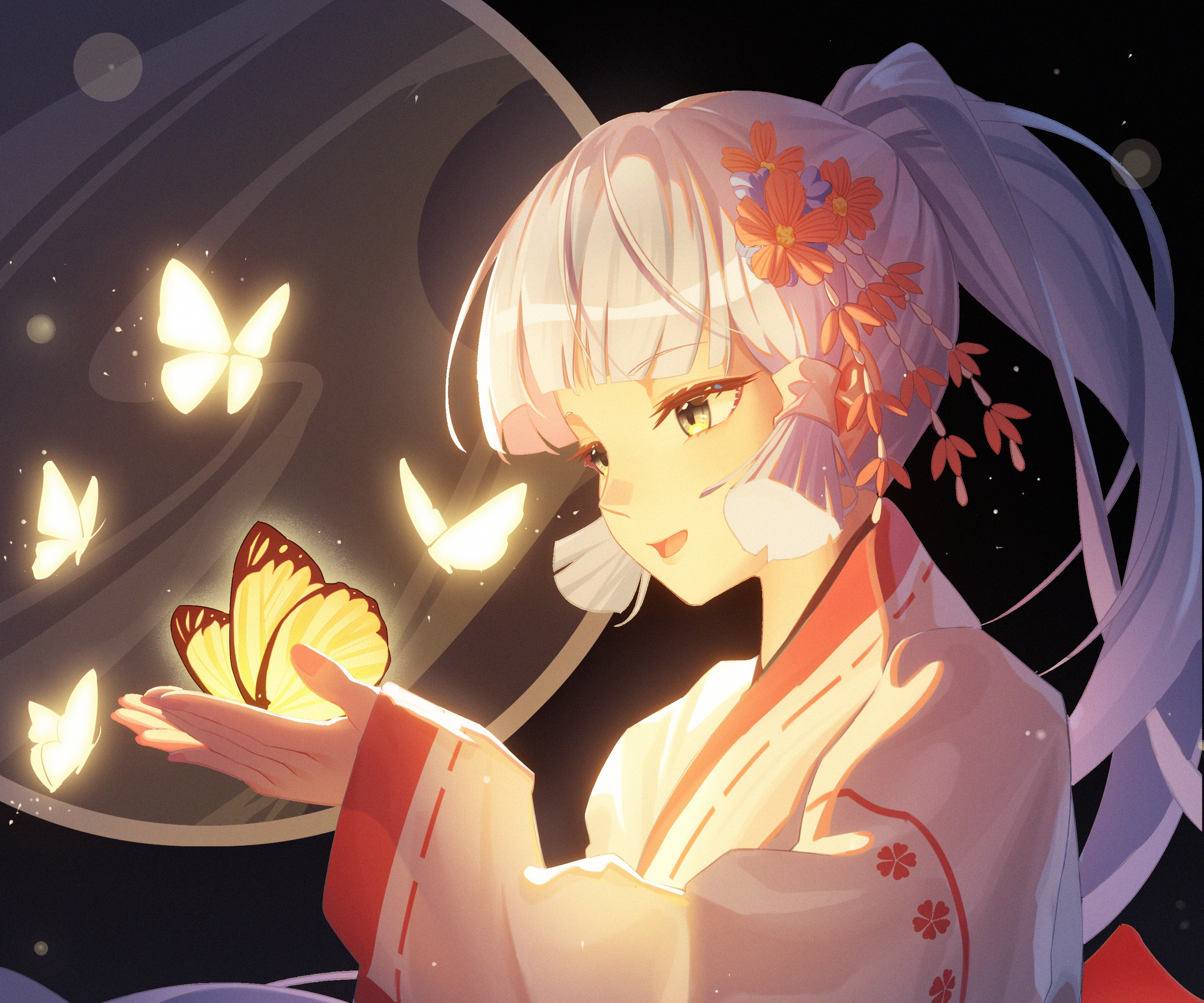 Kamisato Ayaka from Genshin Impact with glowing butterflies HD Wallpaper