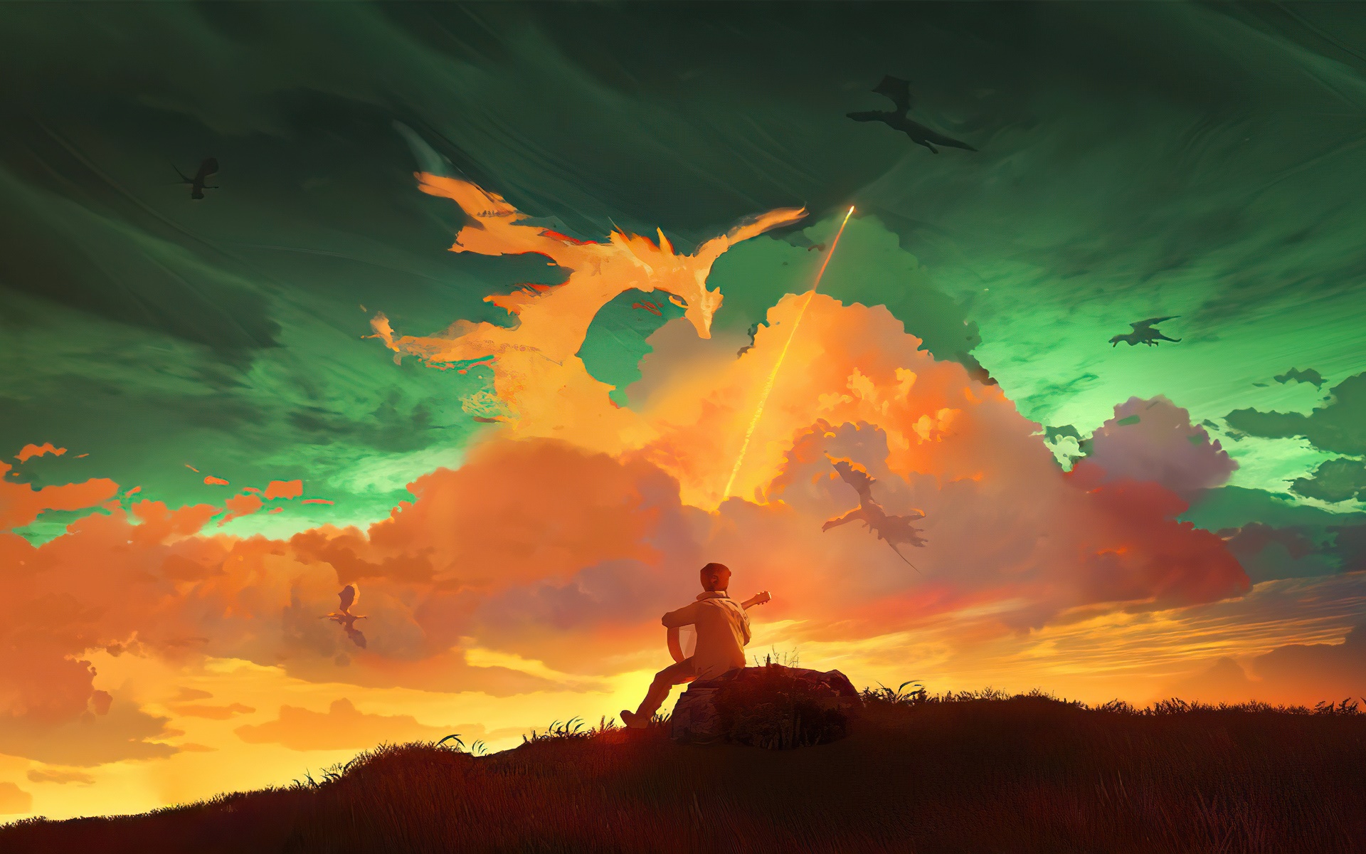 Fantasy Dragon Sky with Man Playing Guitar HD Wallpaper
