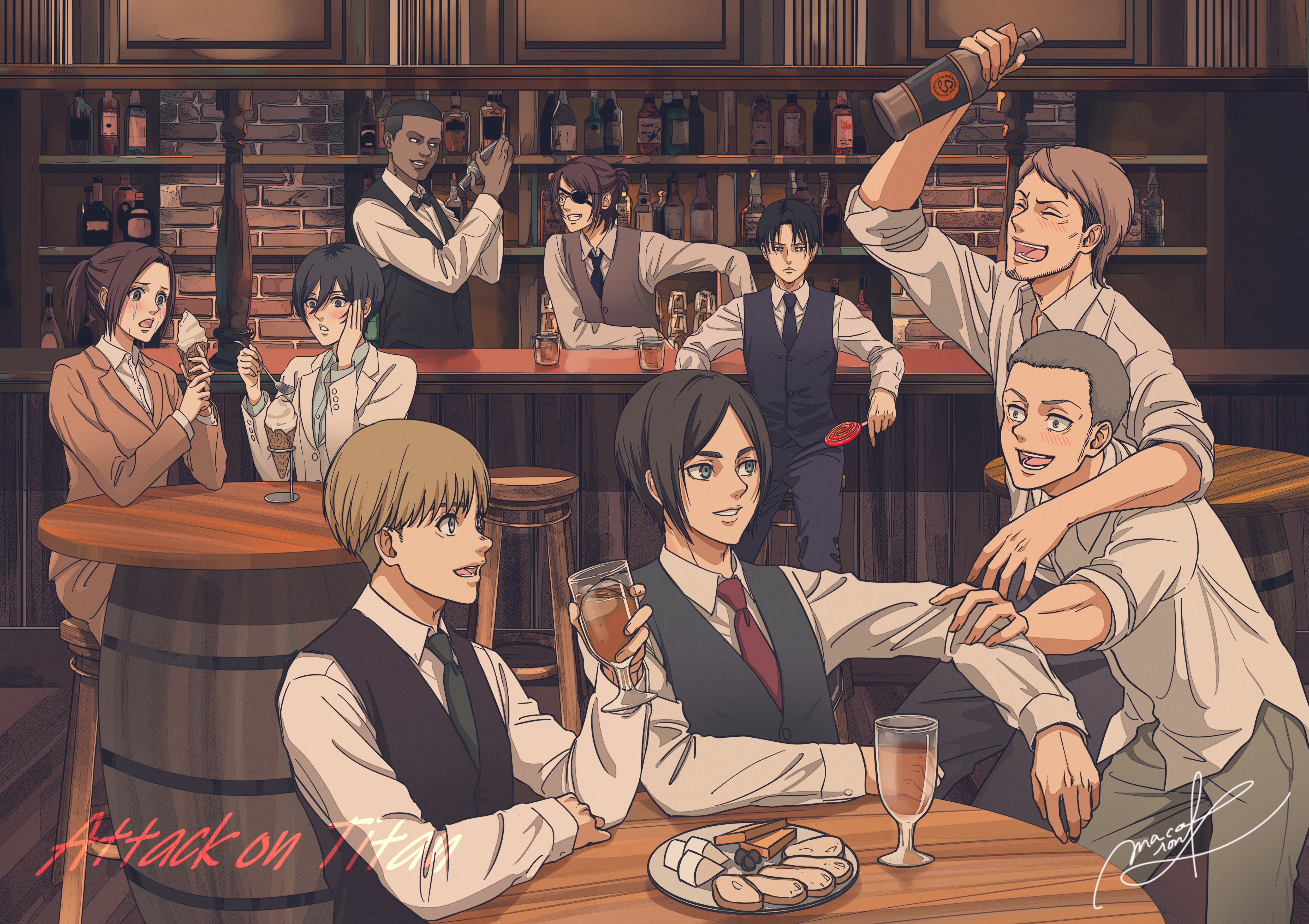 Attack on Titan characters in a bar HD Wallpaper