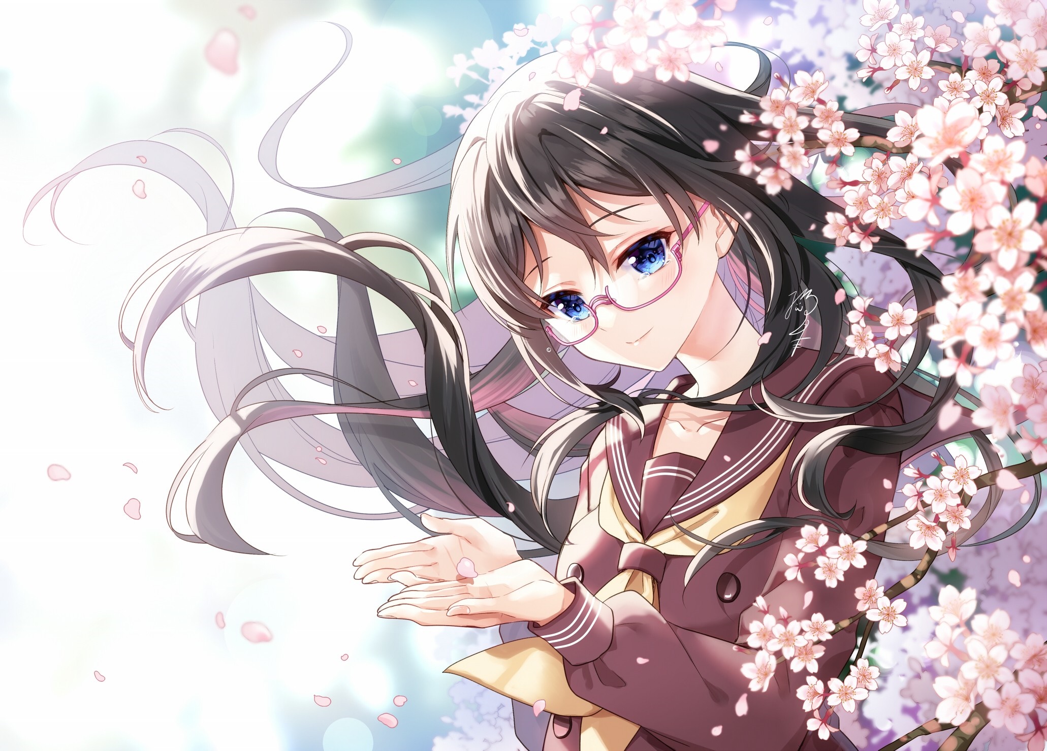 Anime girl with glasses and cherry blossoms HD Wallpaper