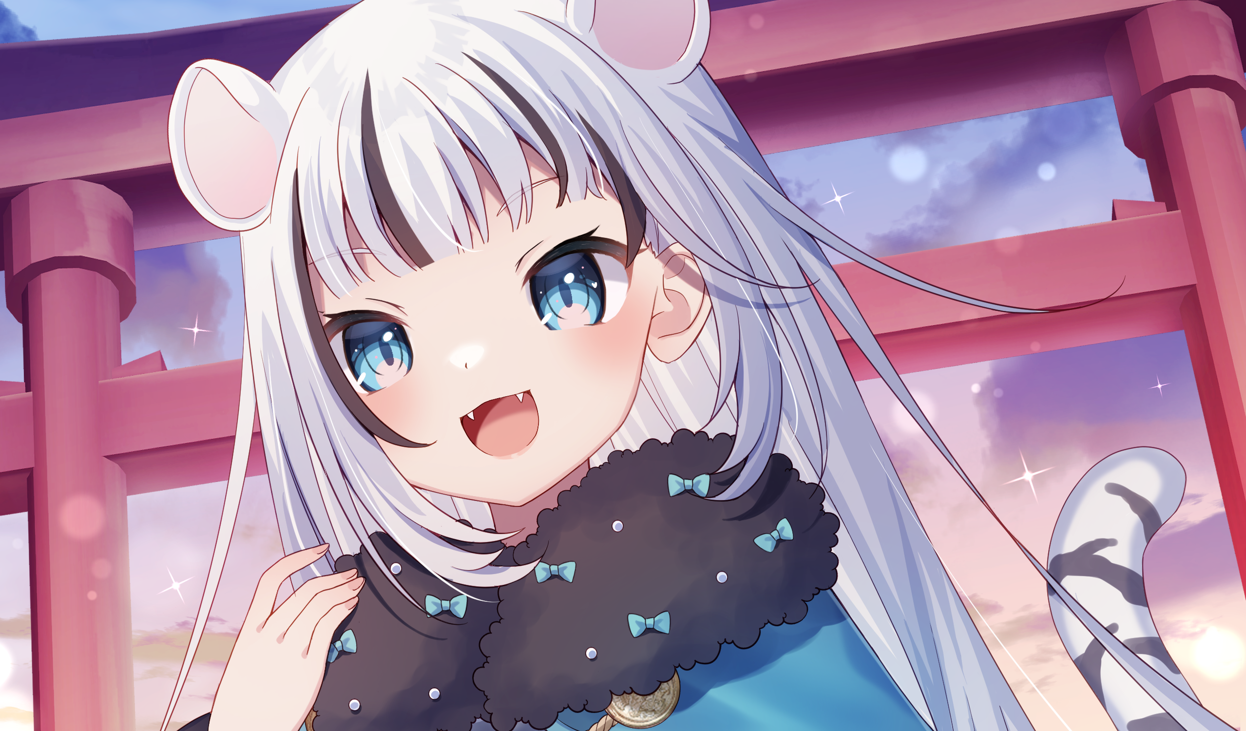 Anime girl with white hair and tiger ears HD Wallpaper