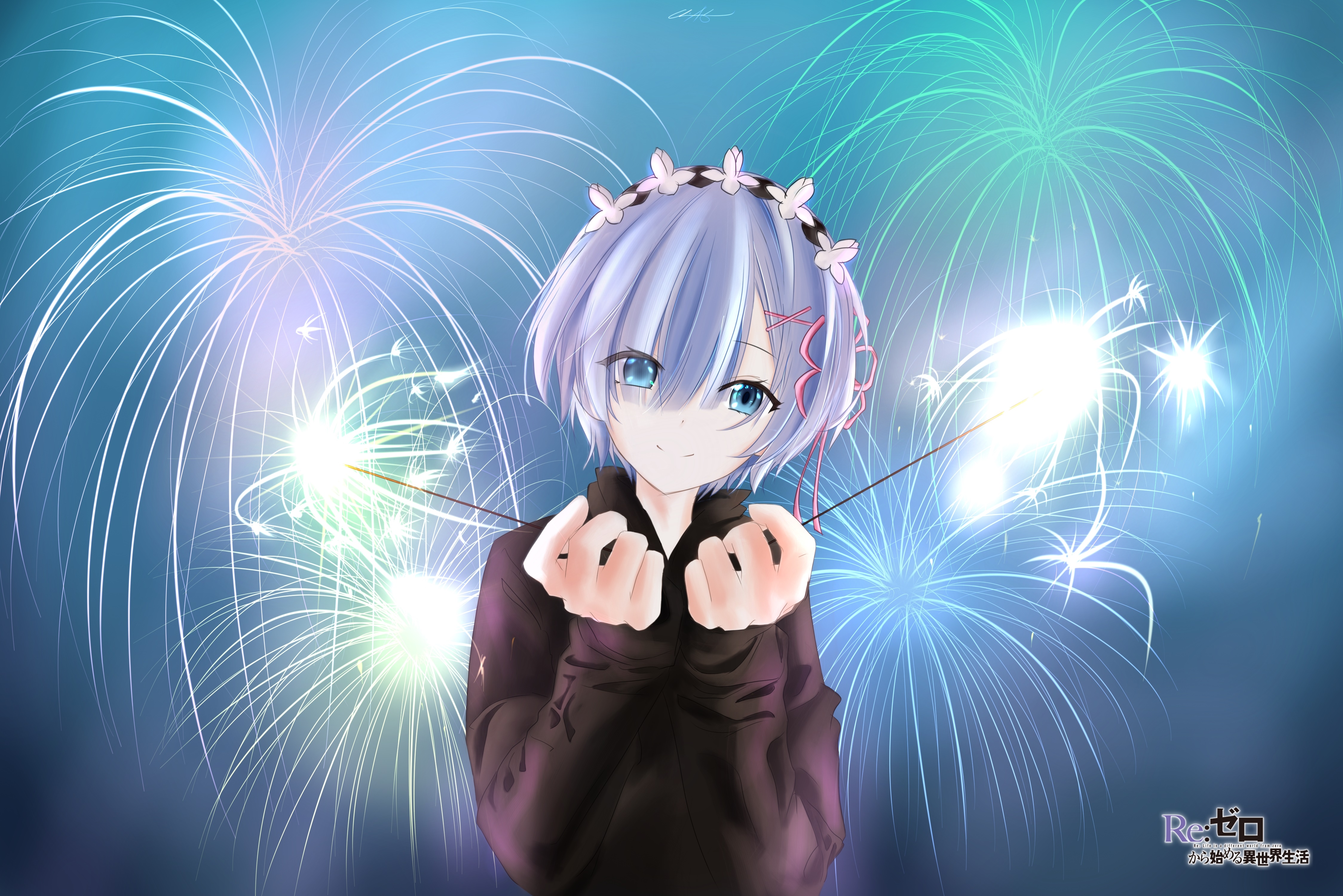 Rem from Re:ZERO -Starting Life In Another World- with fireworks HD Wallpaper