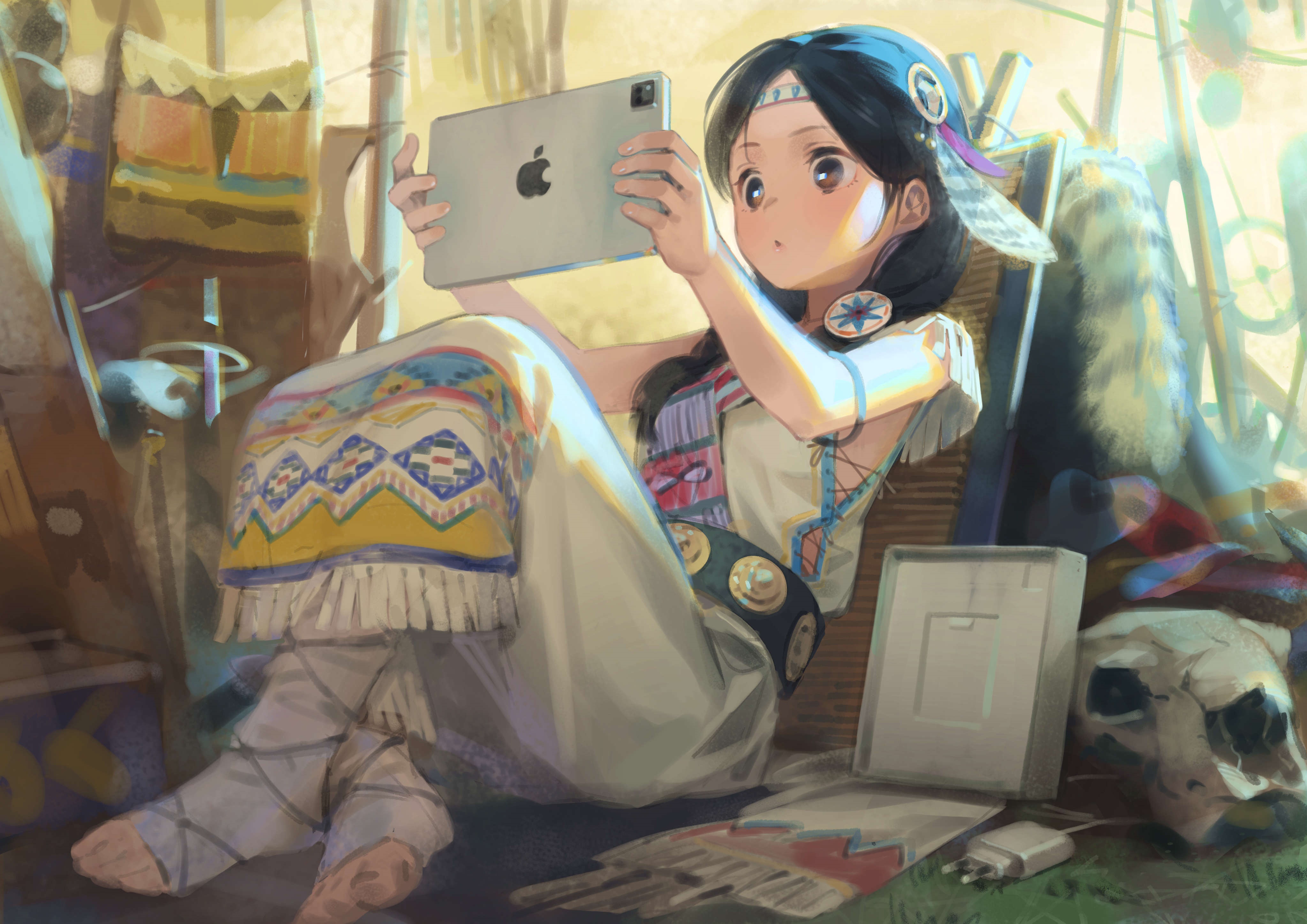Girl with iPad in Native American Attire HD Wallpaper