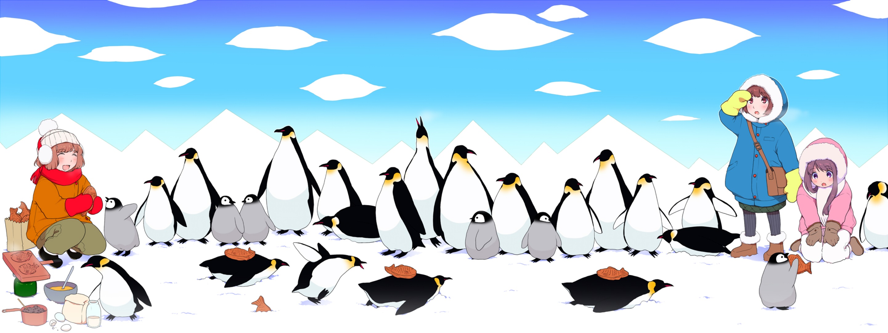 Girls and penguins in a snowy landscape HD Wallpaper