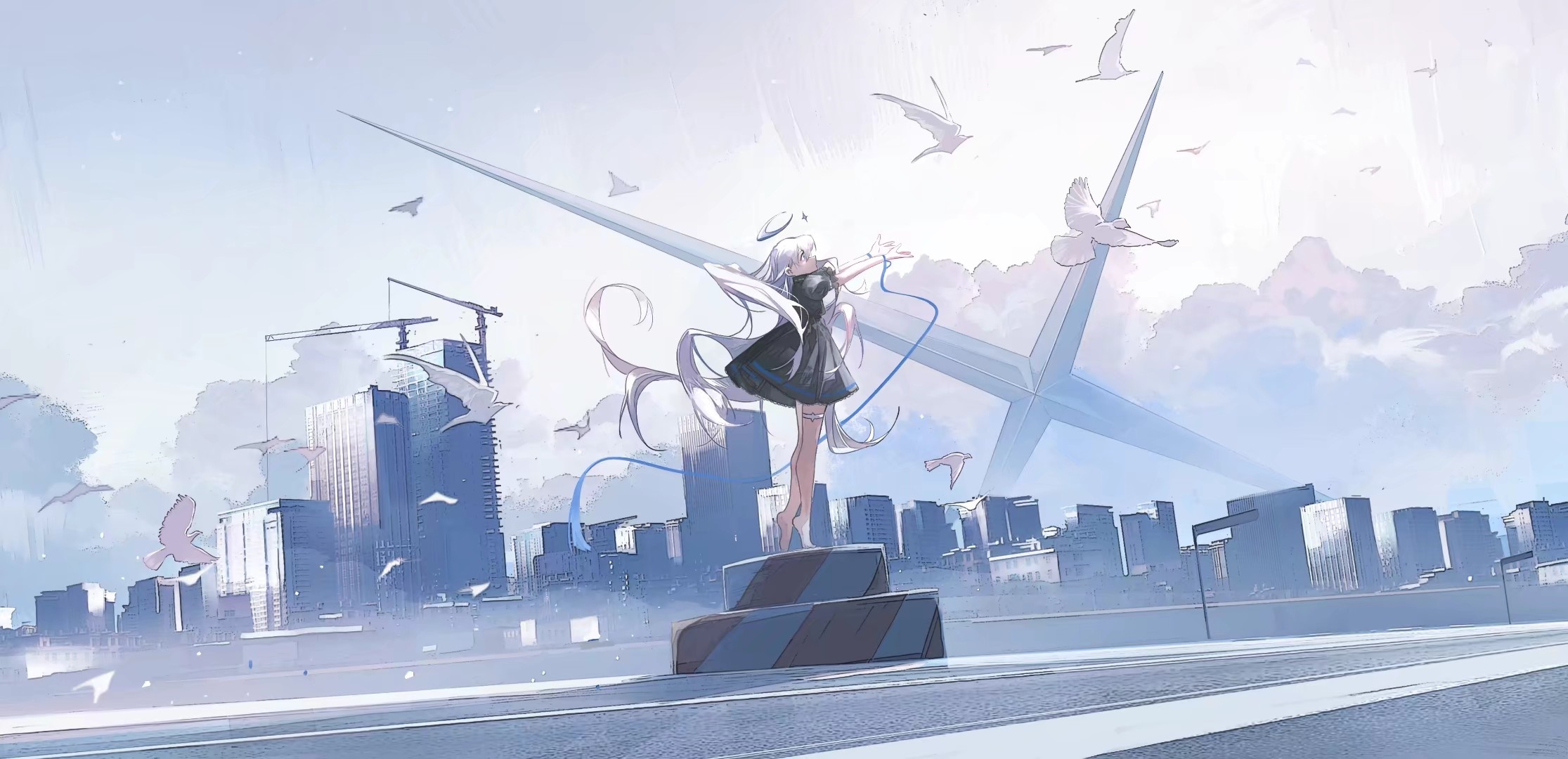 Girl with halo and white hair in a city with birds HD Wallpaper