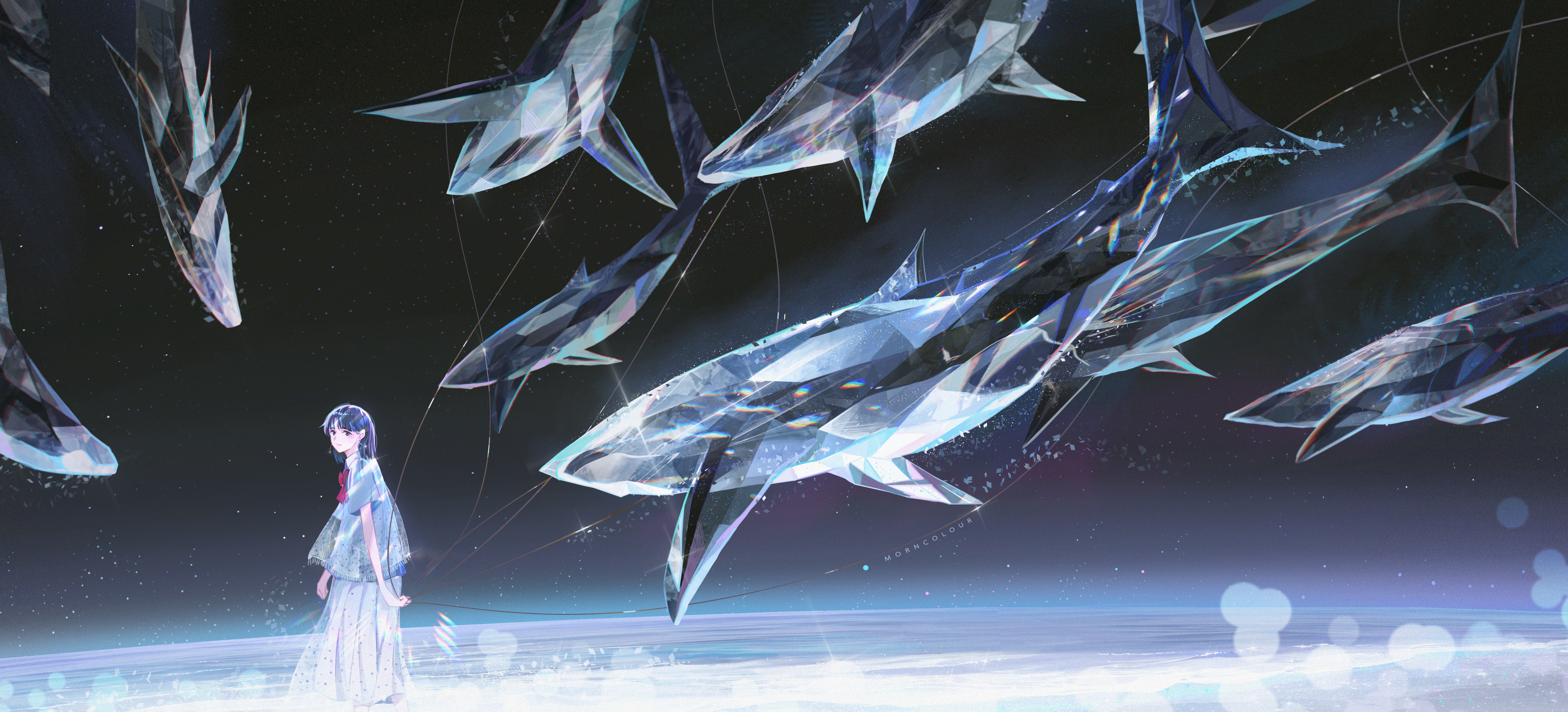 Girl surrounded by crystal sharks 4K HD Wallpaper