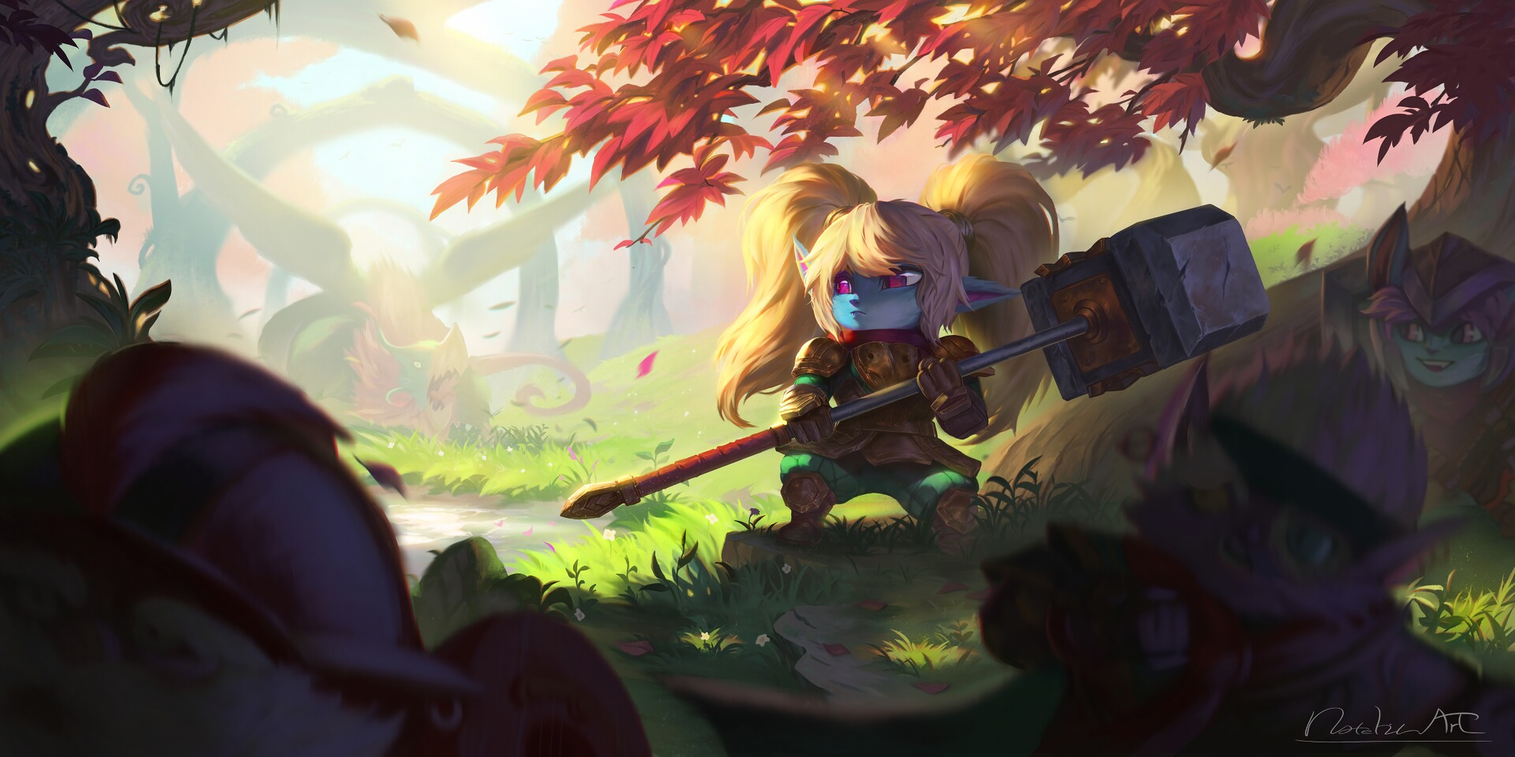 Poppy from League of Legends with allies and enemies HD Wallpaper