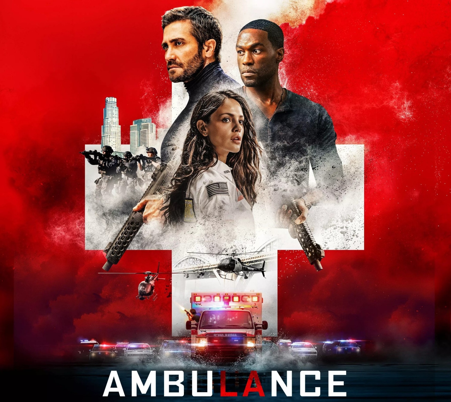 Ambulance Movie Poster with Jake Gyllenhaal, Yahya Abdul-Mateen II, and Eiza Gonzalez HD Wallpaper