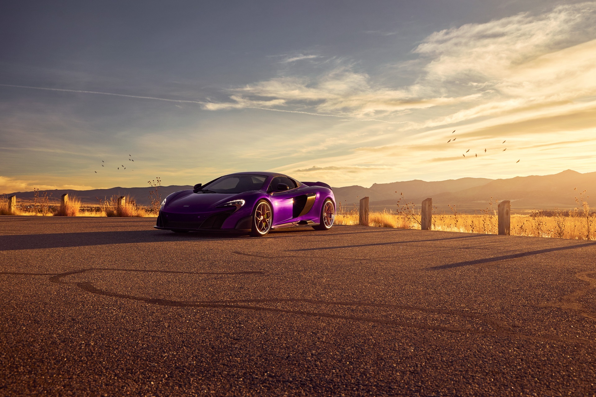 Purple McLaren 675LT sports car on asphalt road HD Wallpaper