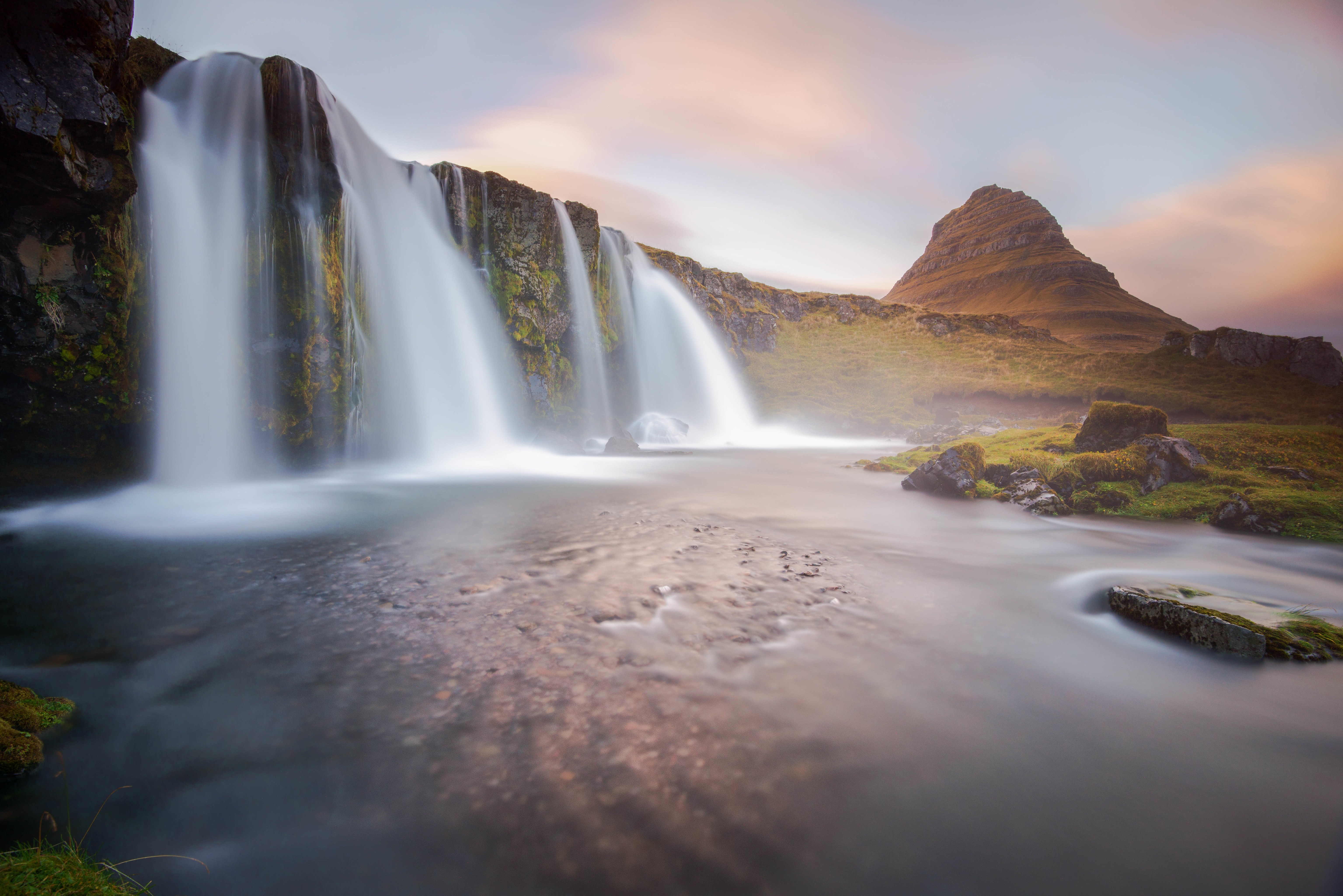 Kirkjufell and Kirkjufoss waterfall in Iceland 4K HD Wallpaper