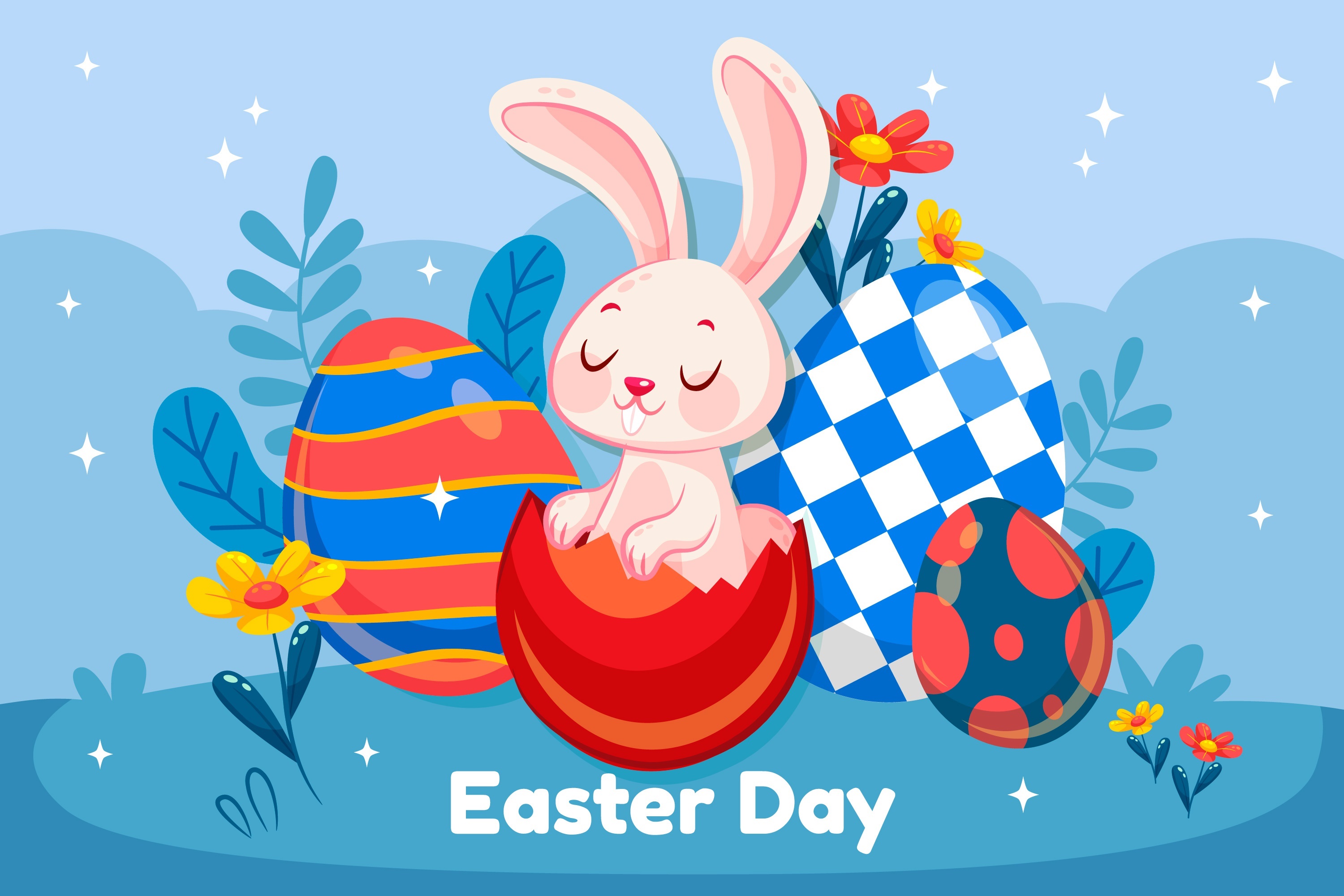 Easter Day Bunny in Egg with Decorated Eggs HD Wallpaper