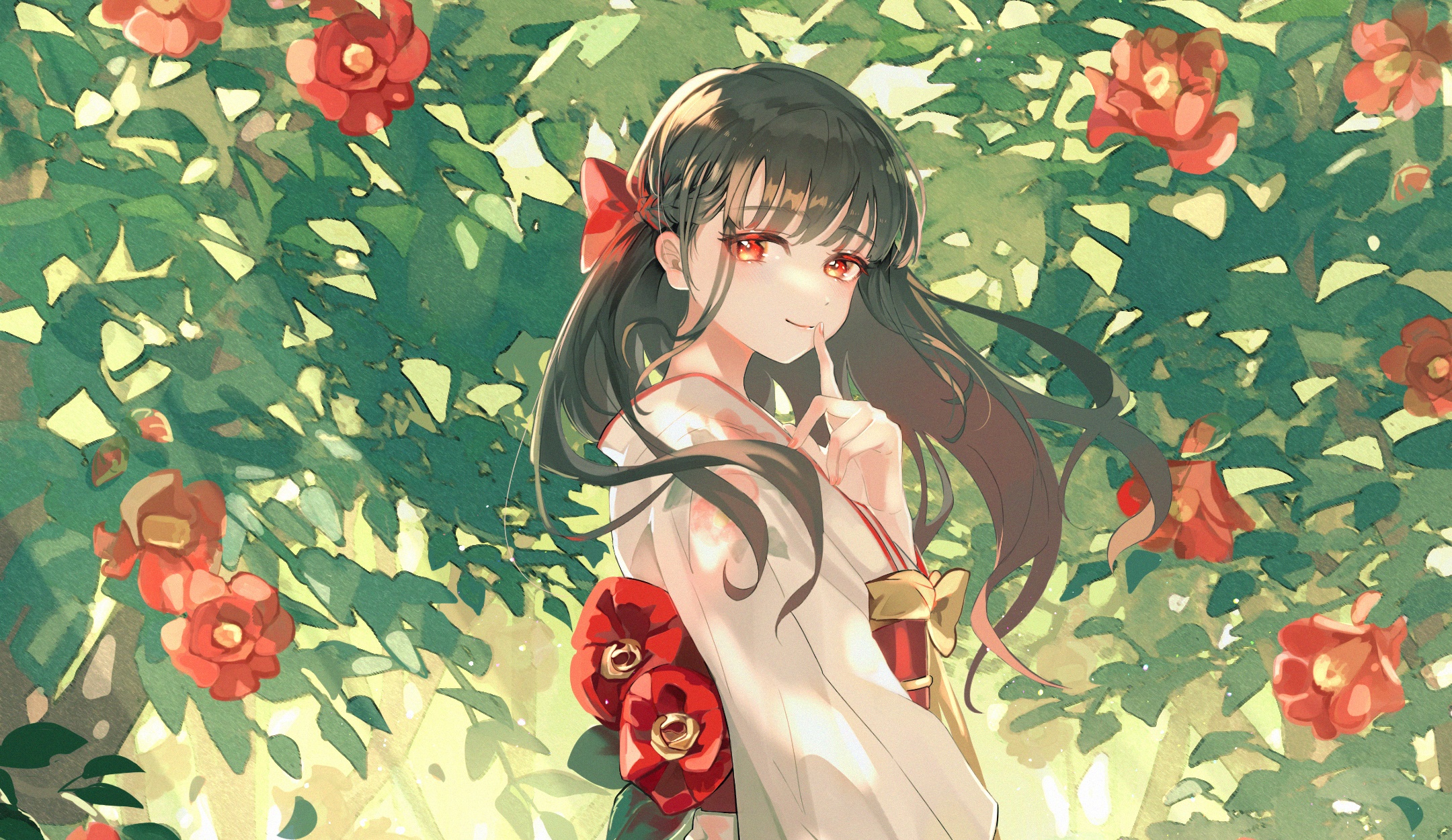 Girl in Kimono with Red Flowers HD Wallpaper