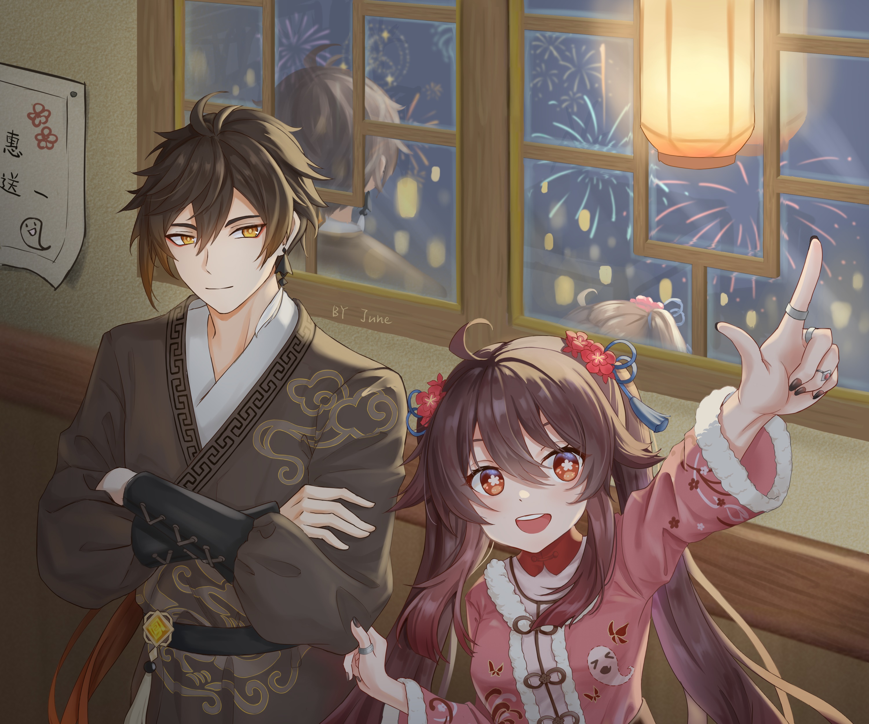 Hu Tao and Zhongli from Genshin Impact celebrating fireworks HD Wallpaper