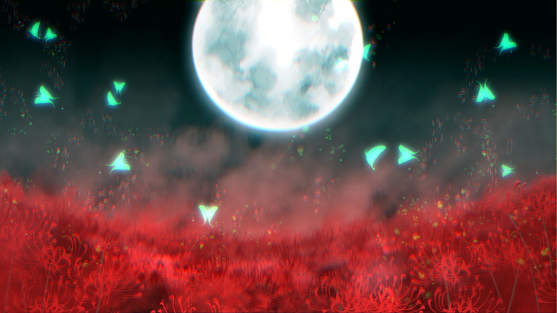 Moonlit night with red flowers and glowing butterflies HD Wallpaper