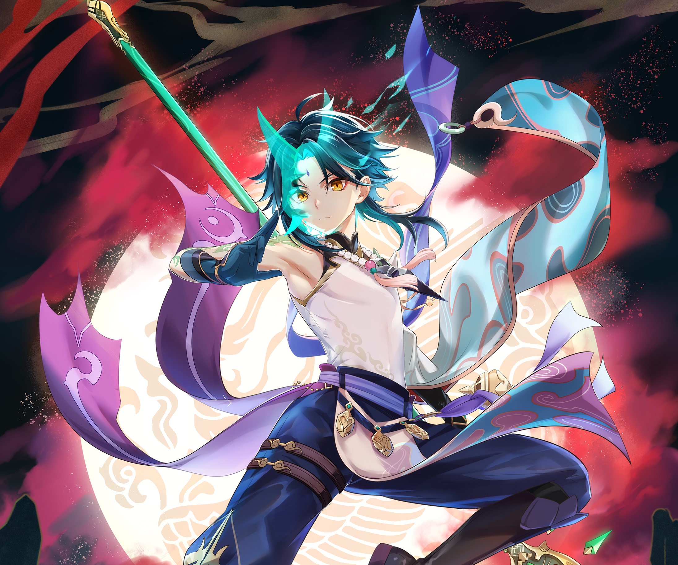 Xiao from Genshin Impact with a polearm HD Wallpaper