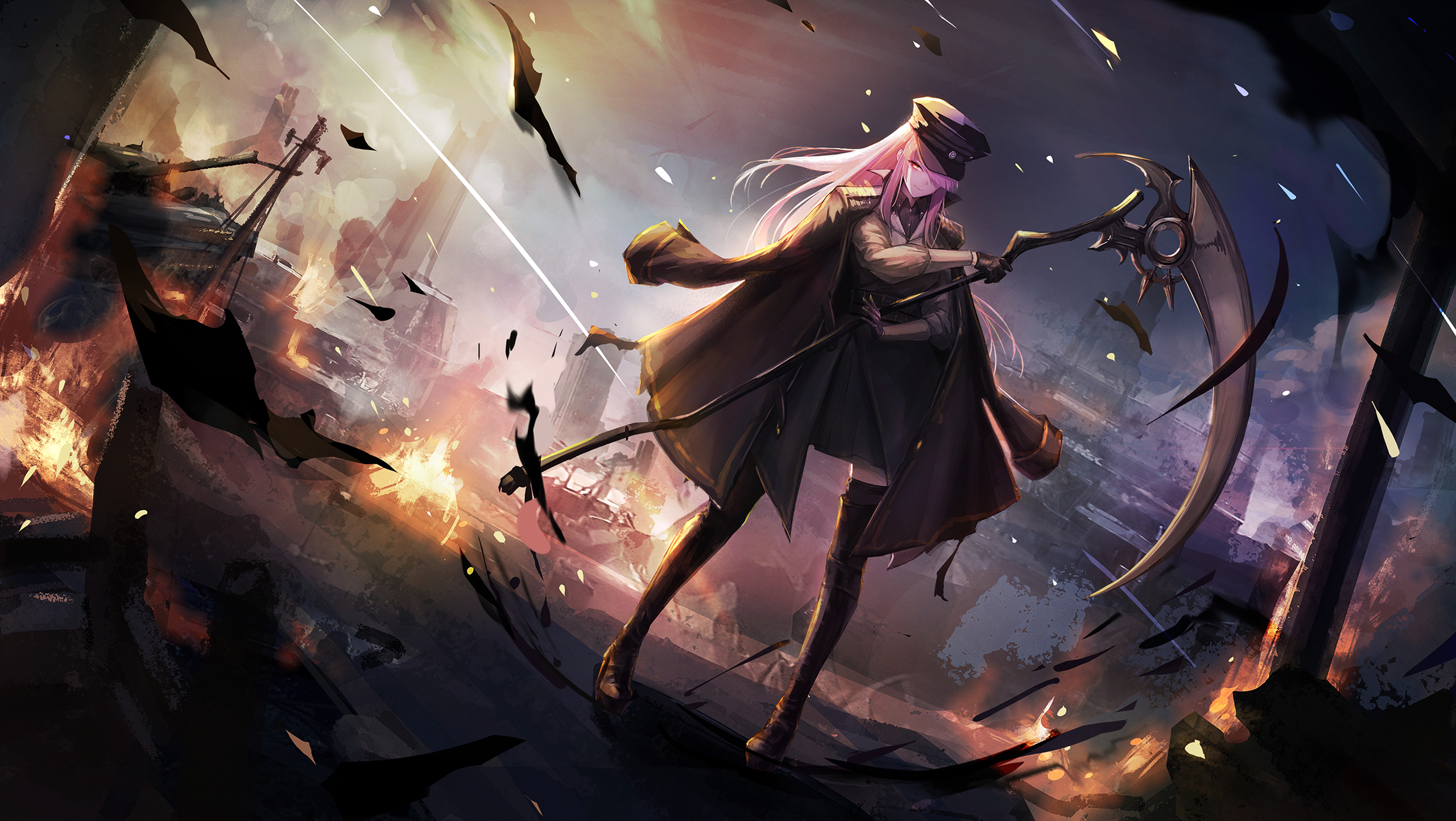 Mori Calliope from Hololive with a scythe in a war-torn city HD Wallpaper