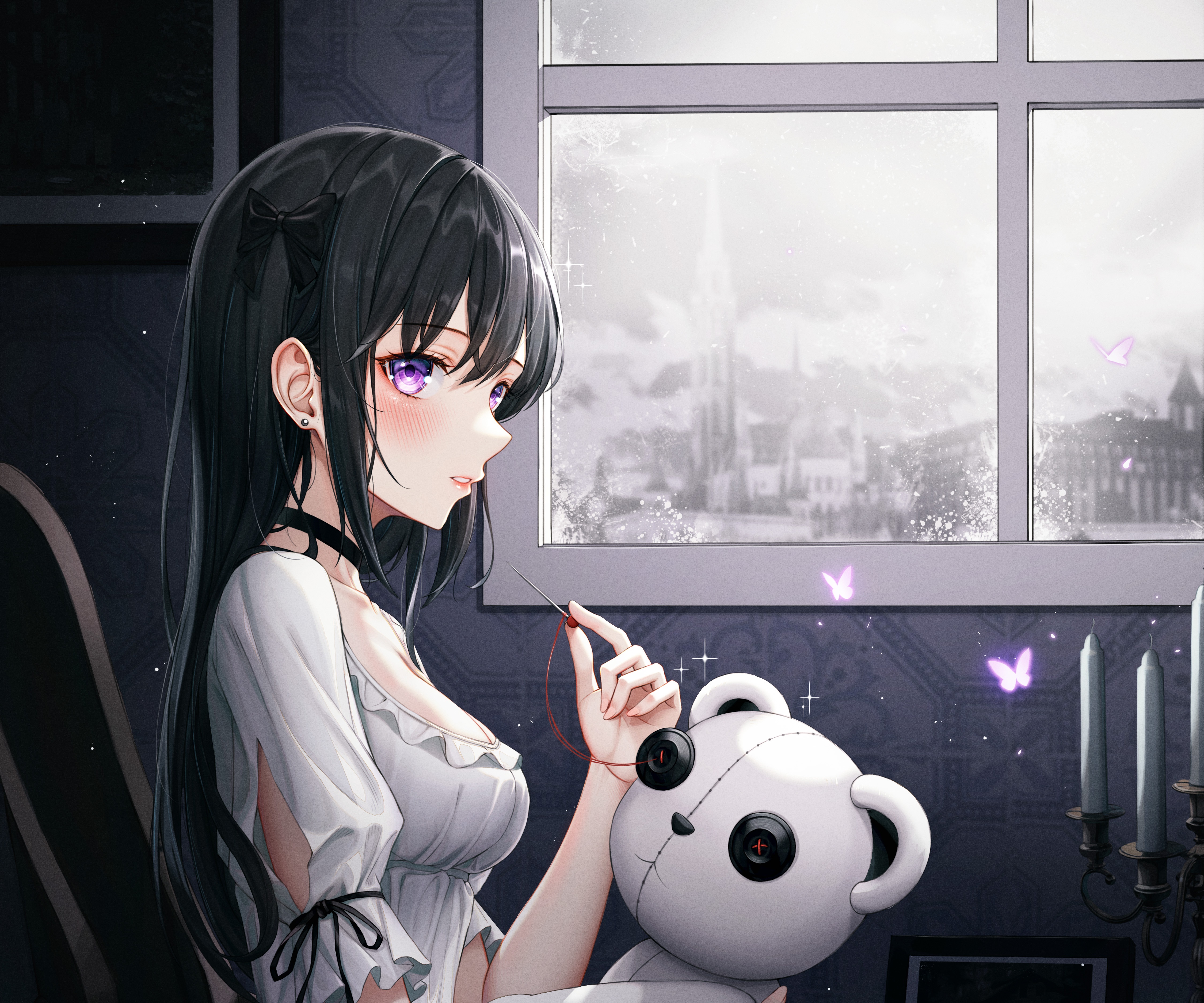 Girl sewing a teddy bear by the window HD Wallpaper
