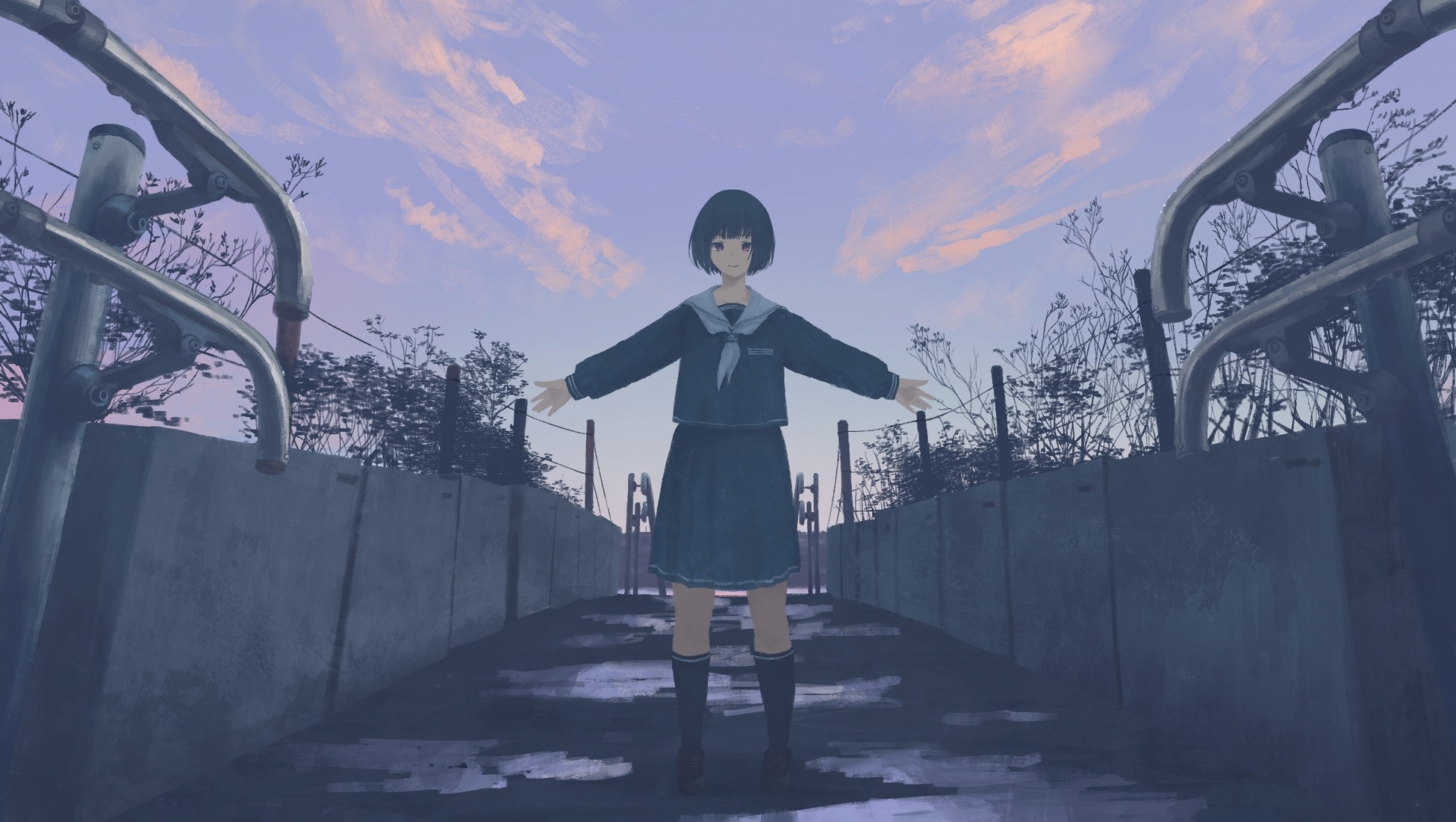 Girl in school uniform on a bridge HD Wallpaper