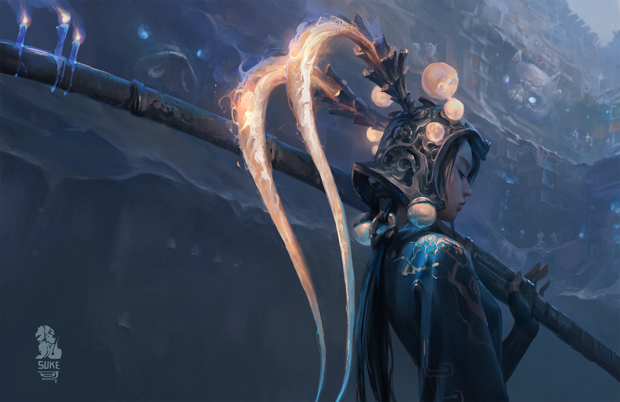 Fantasy woman with ornate helmet and staff HD Wallpaper