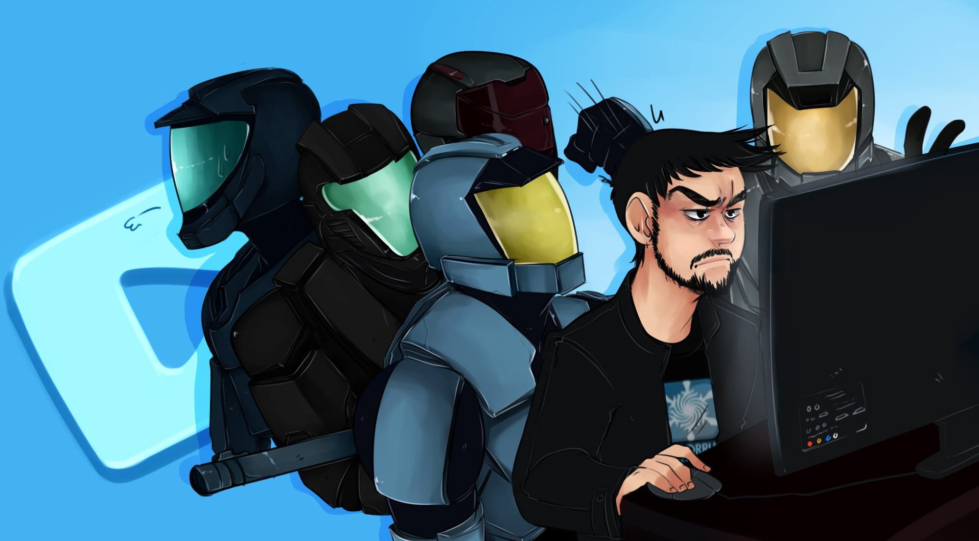 Halo characters watching a man play video games HD Wallpaper