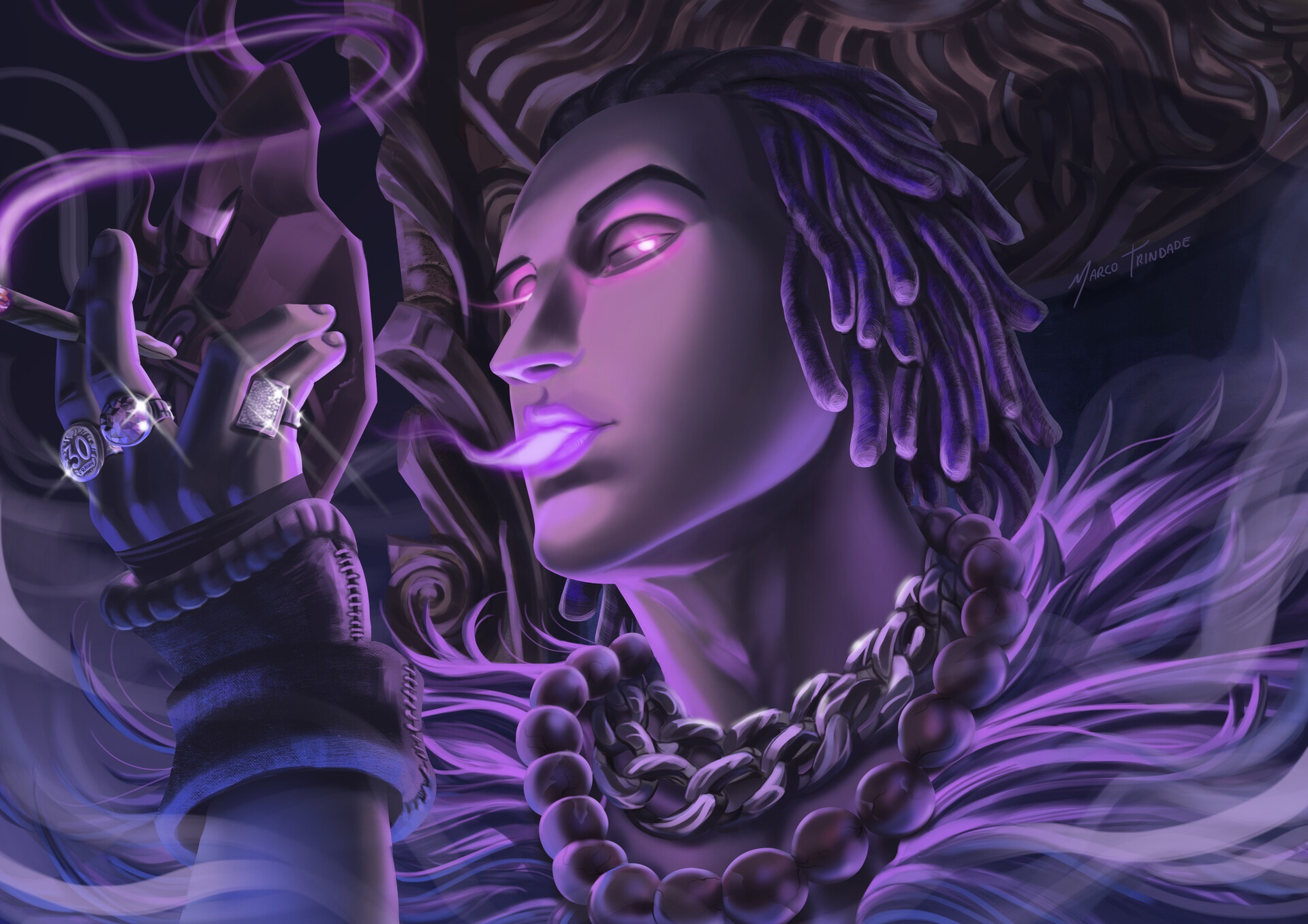 Matuê smoking with purple smoke HD Wallpaper