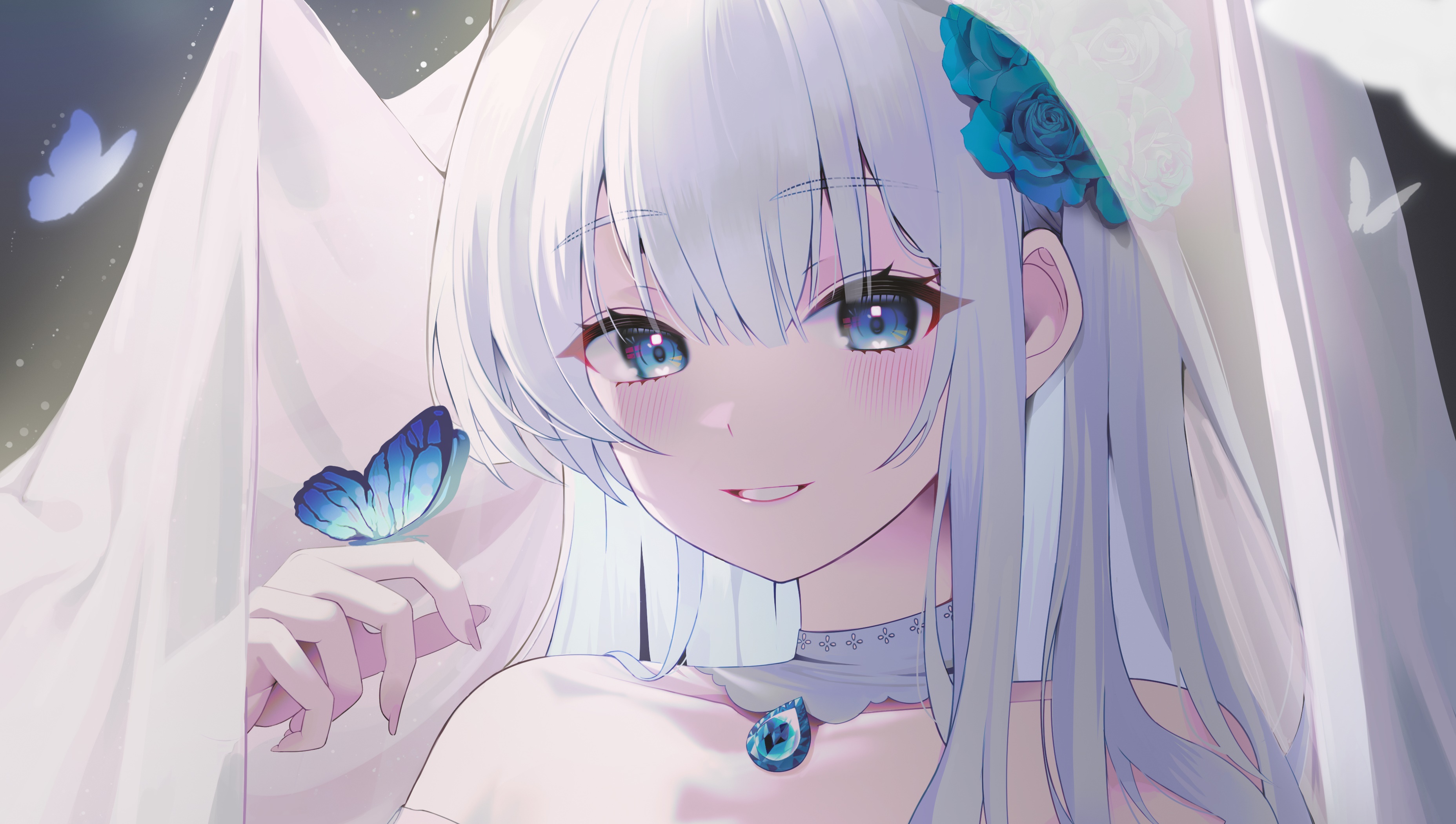 Anime girl with white hair and blue butterflies HD Wallpaper