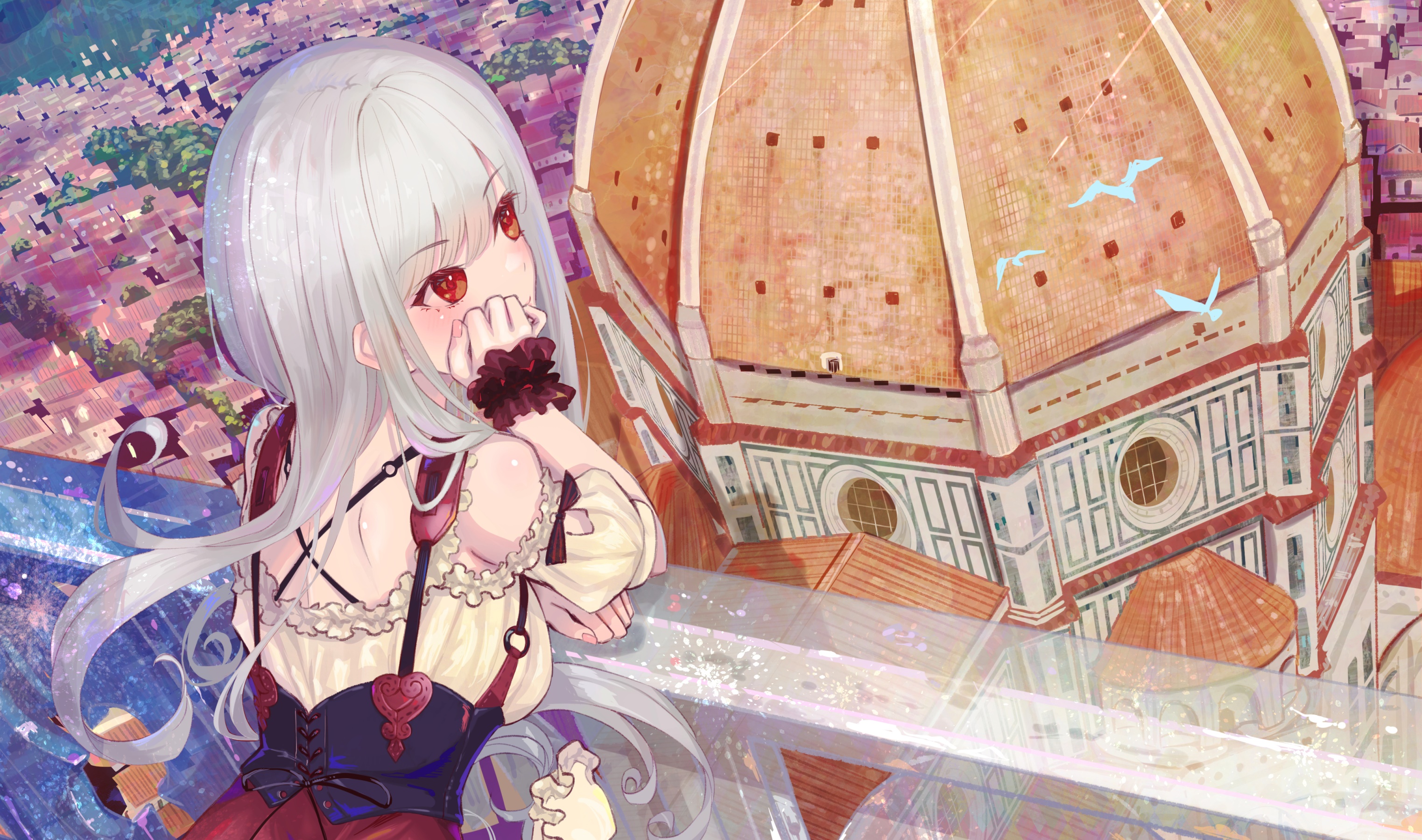 Girl with white hair and red eyes overlooking a city HD Wallpaper