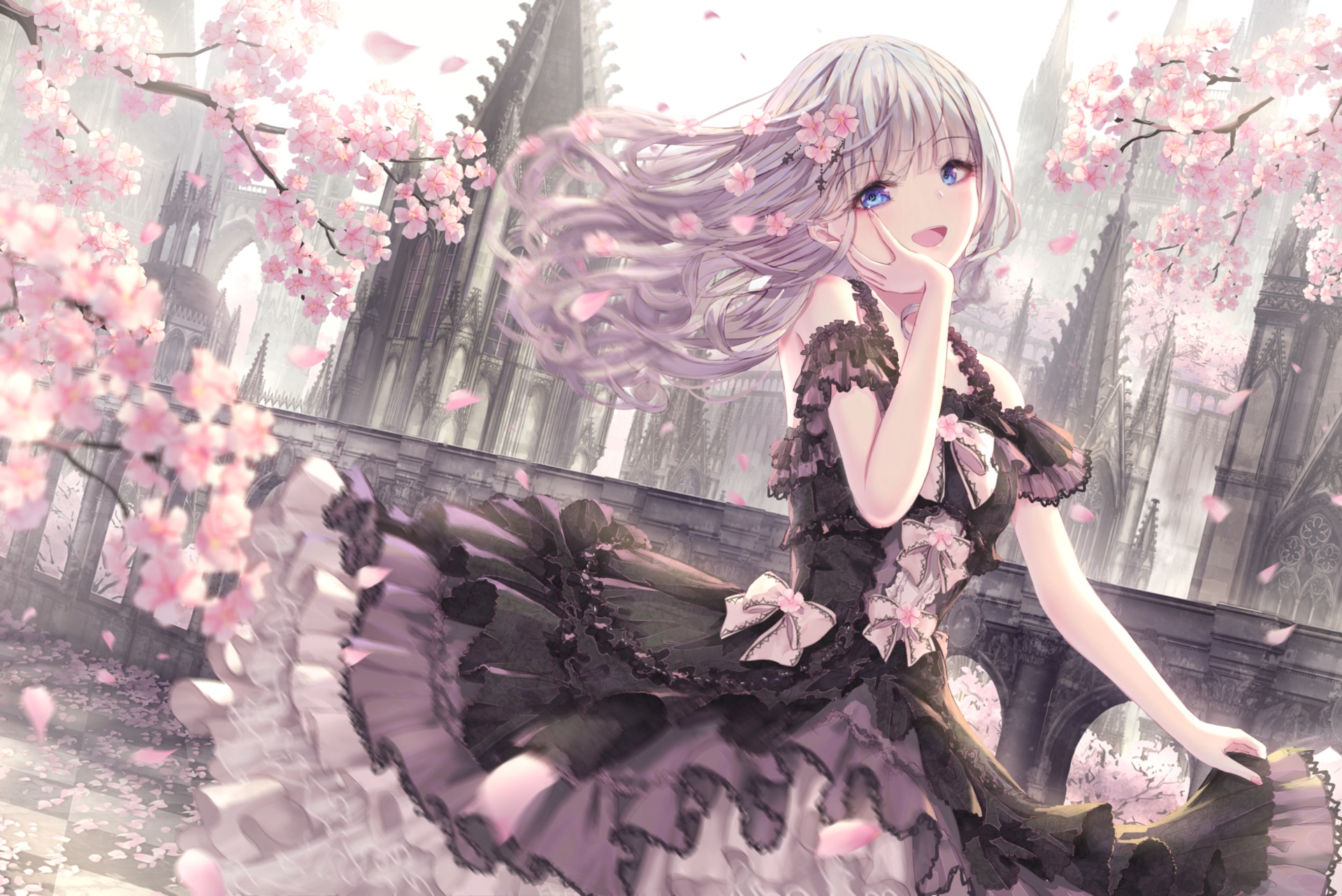 Anime girl with purple hair in a black dress HD Wallpaper
