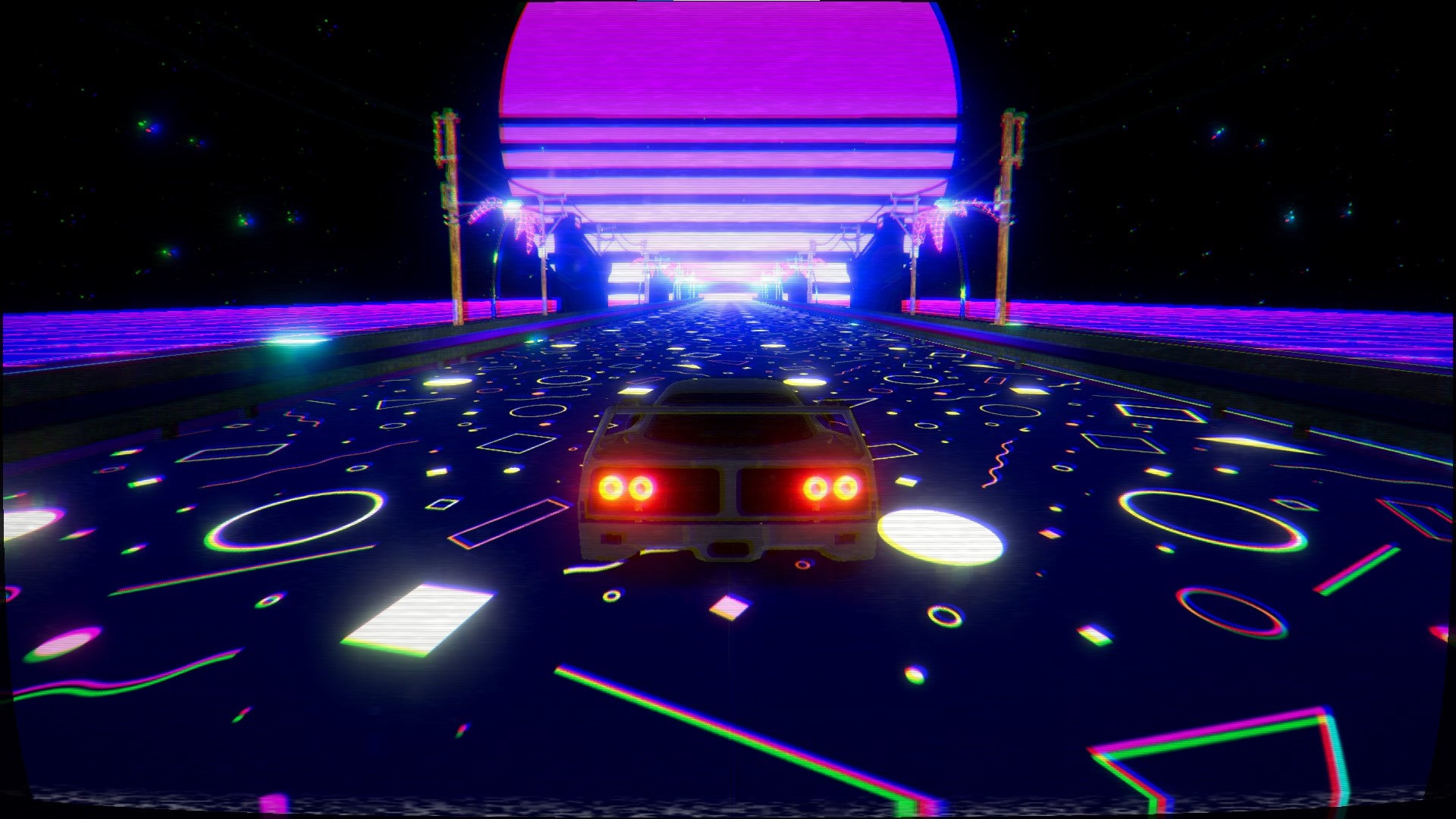 Retro car driving on a neon road at night HD Wallpaper