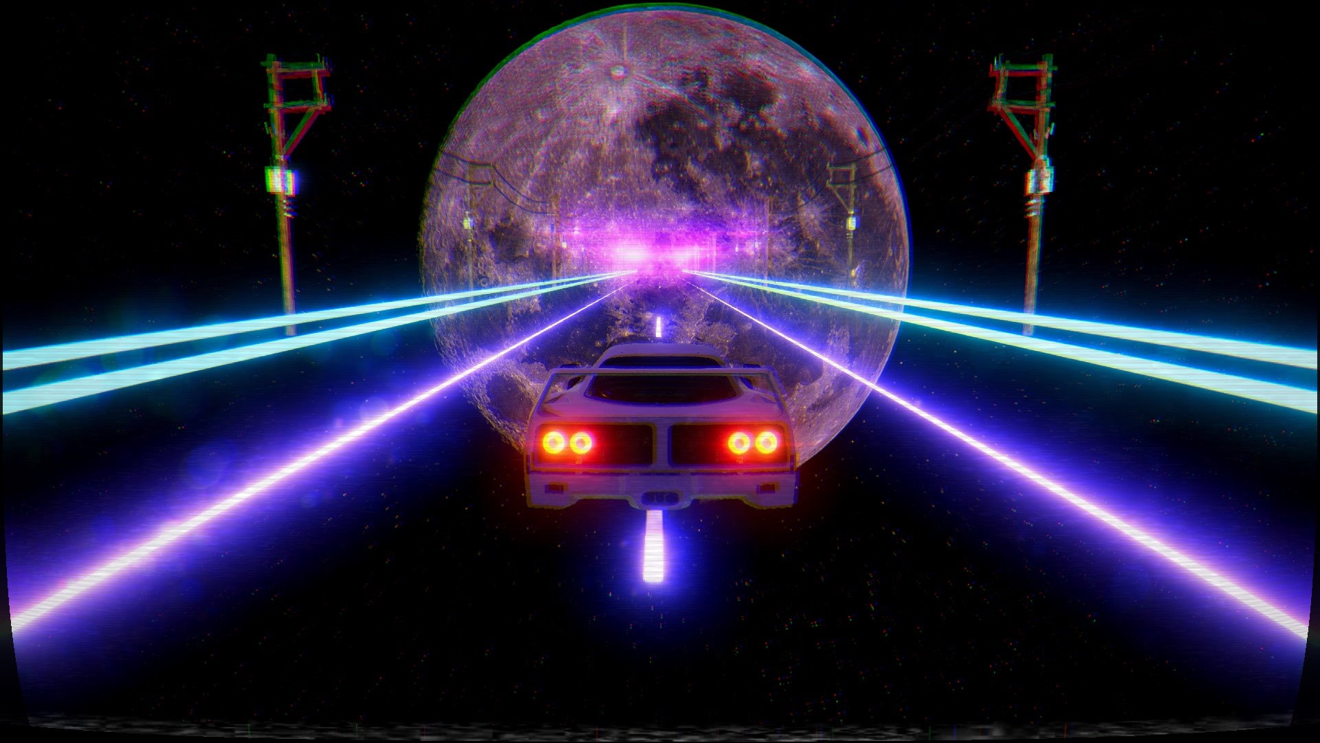 Retro car driving on a neon road towards the moon HD Wallpaper