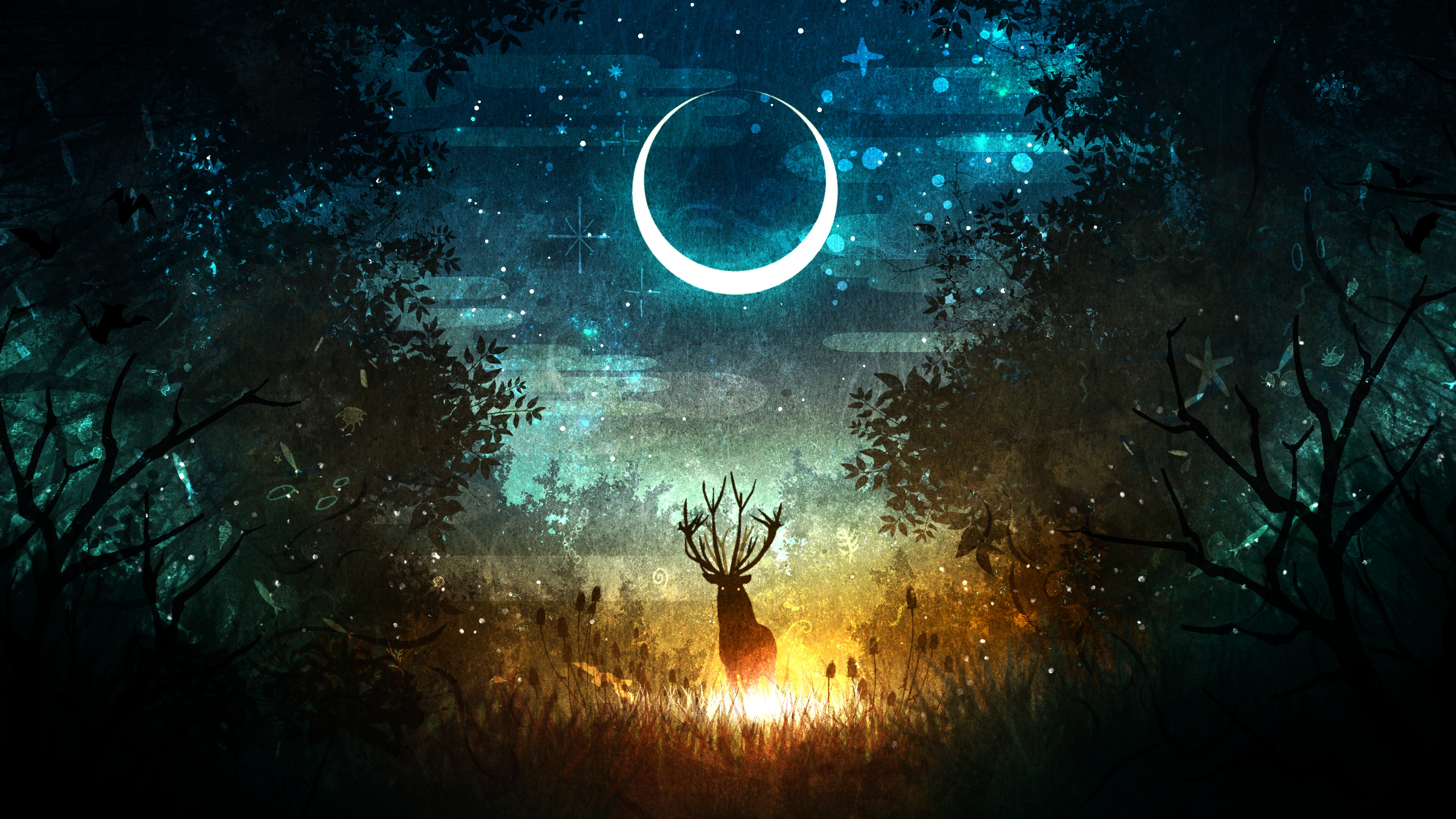 Fantasy Deer under Crescent Moon HD Wallpaper