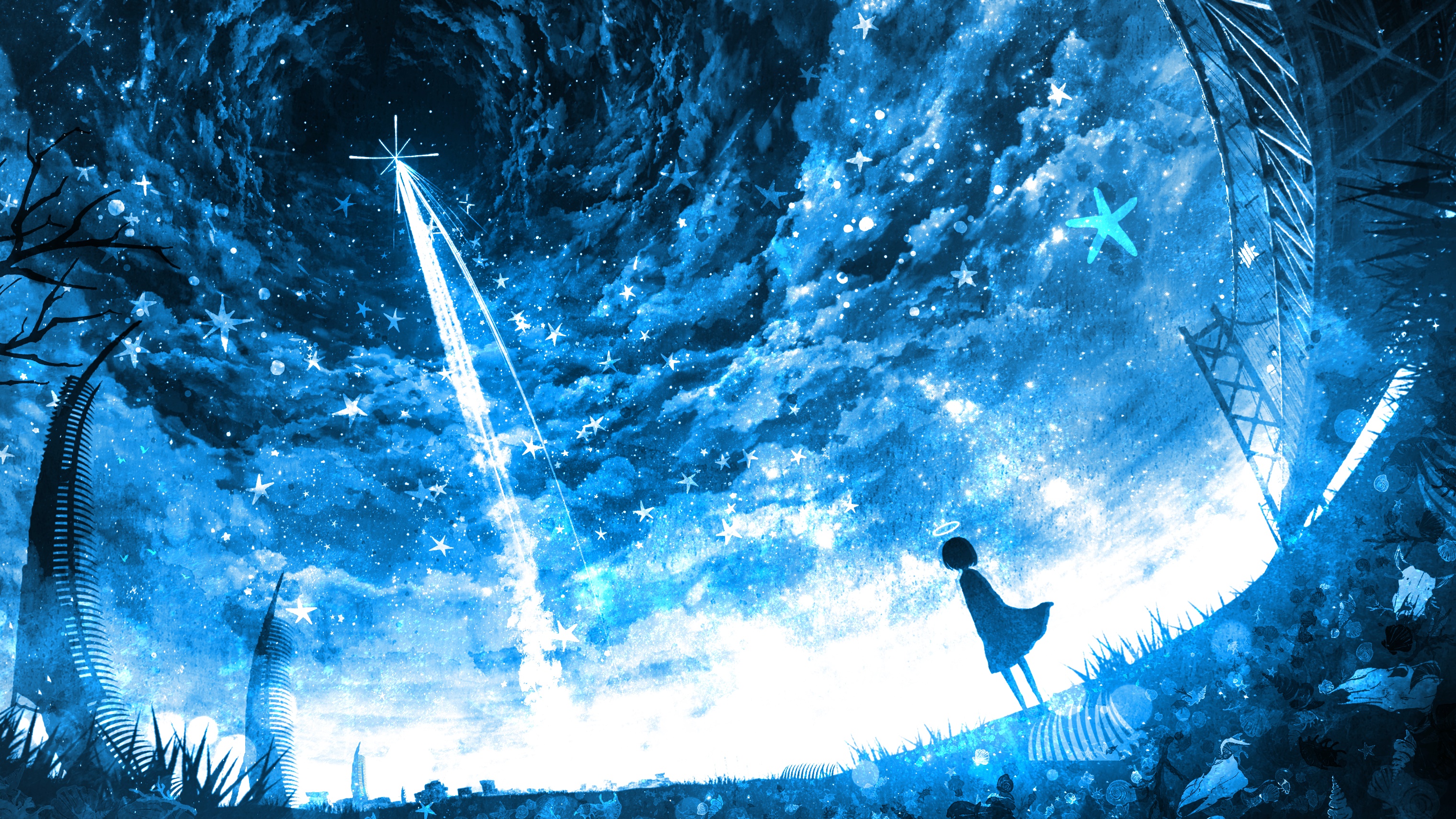 Anime girl looking at a starry sky with futuristic buildings HD Wallpaper