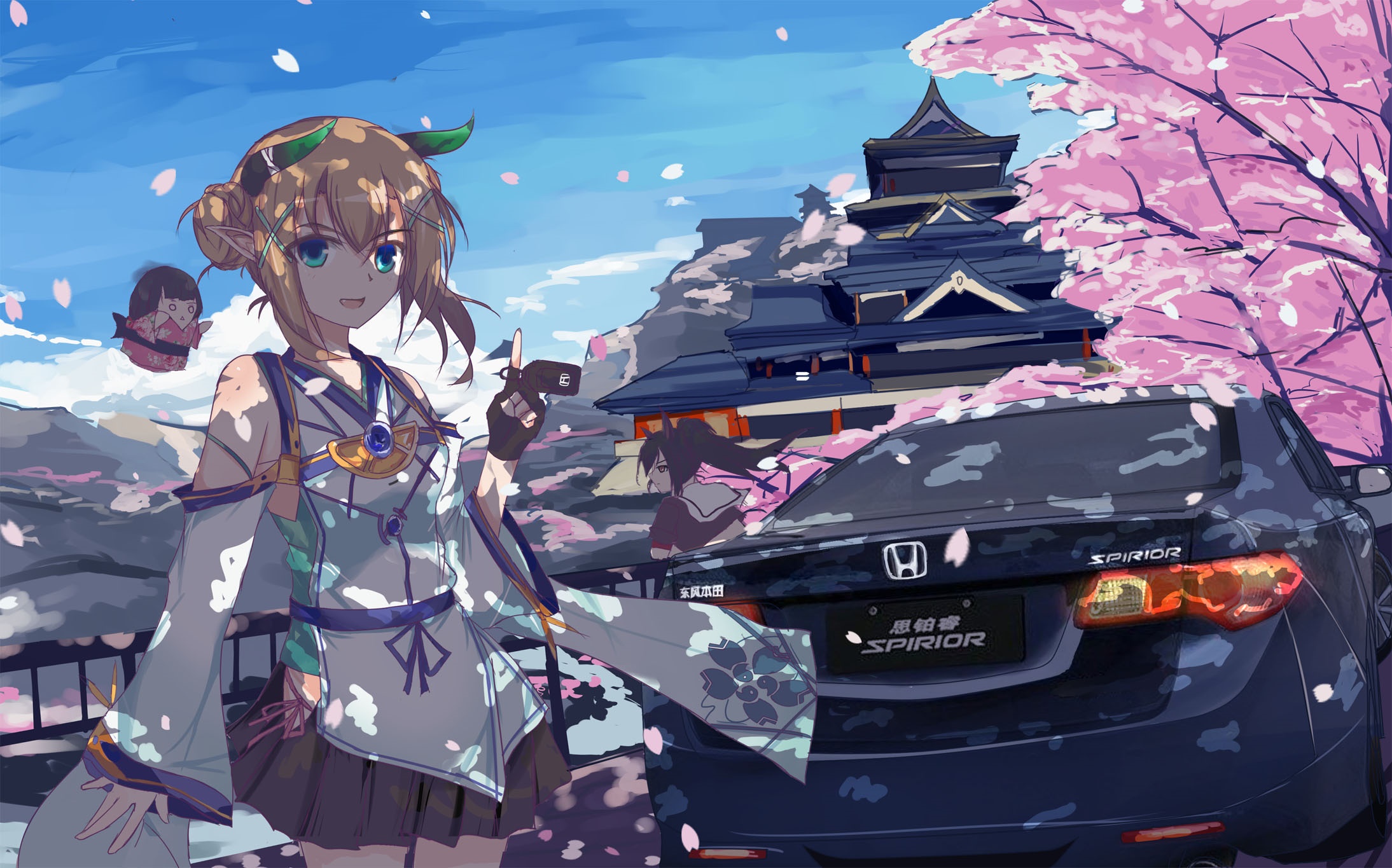 Oyashio from Azur Lane with a car and Japanese castle HD Wallpaper