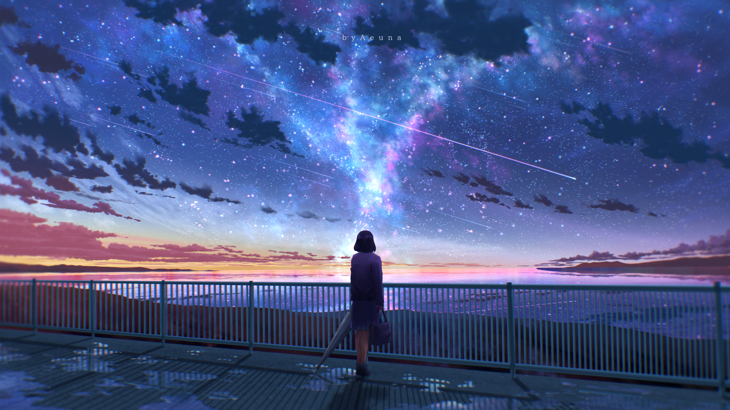 Girl watching a starry sky over the ocean HD Wallpaper