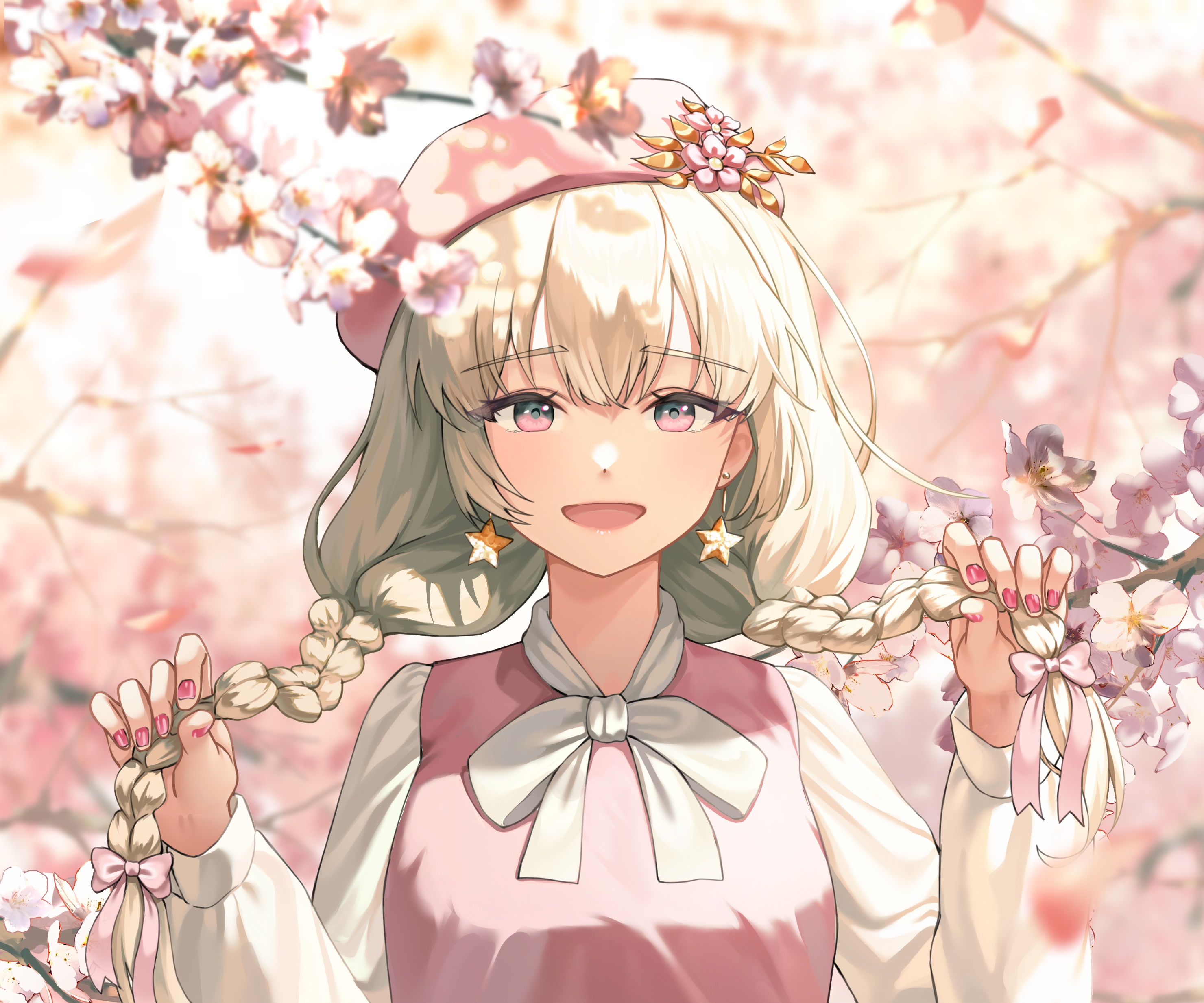 Anime girl with blonde braids and cherry blossoms HD Wallpaper
