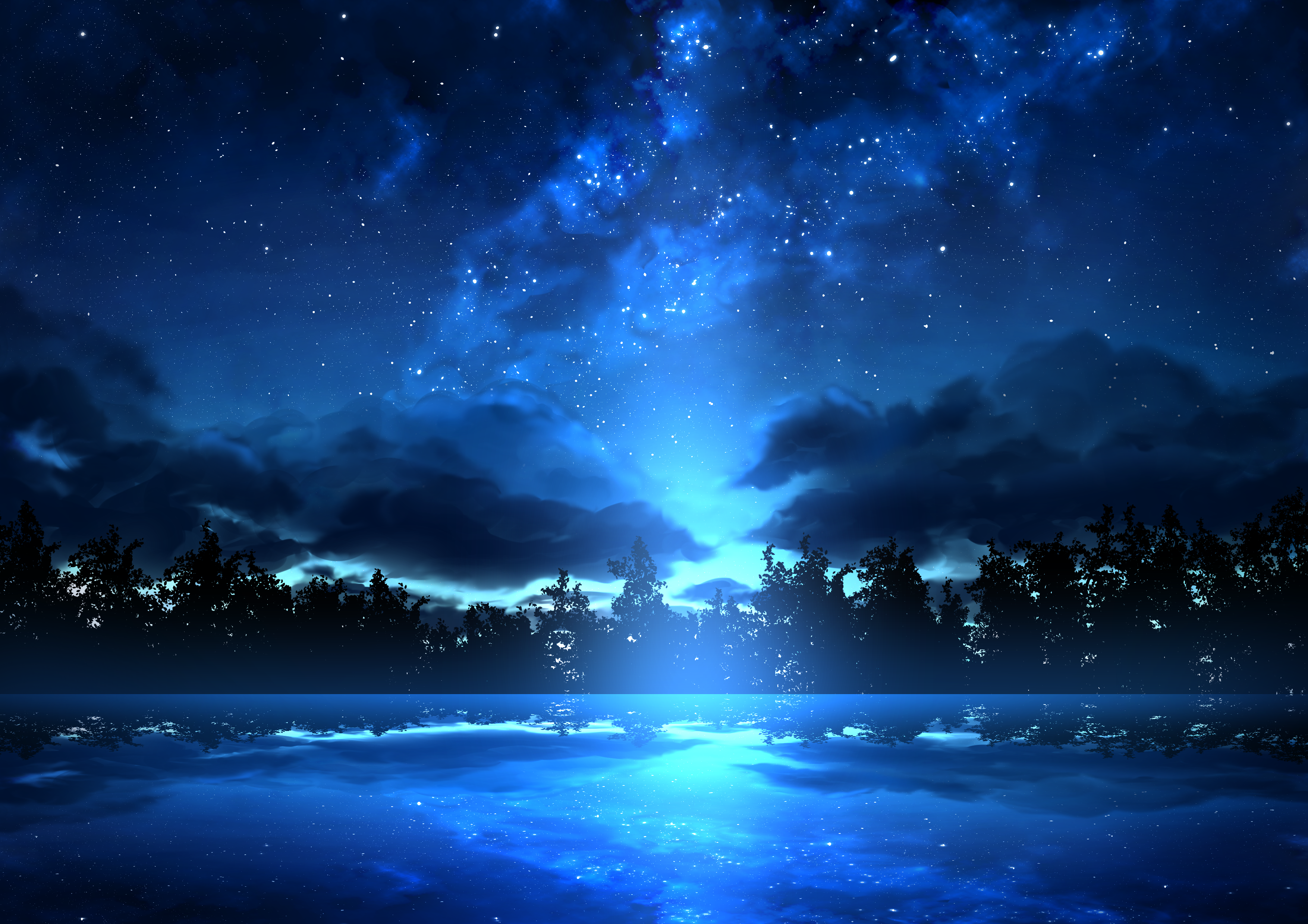 Night sky with stars and clouds reflected in water HD Wallpaper