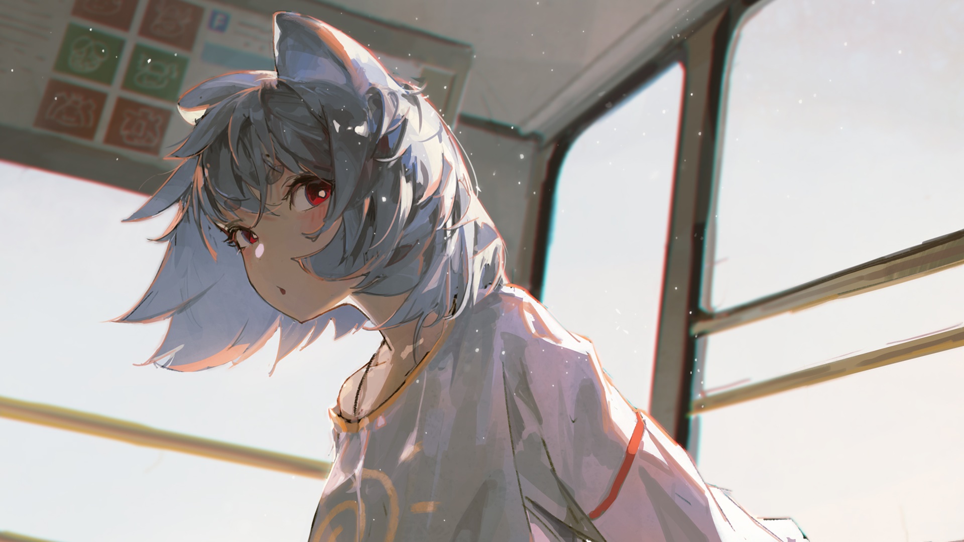 Anime girl with cat ears on a bus HD Wallpaper