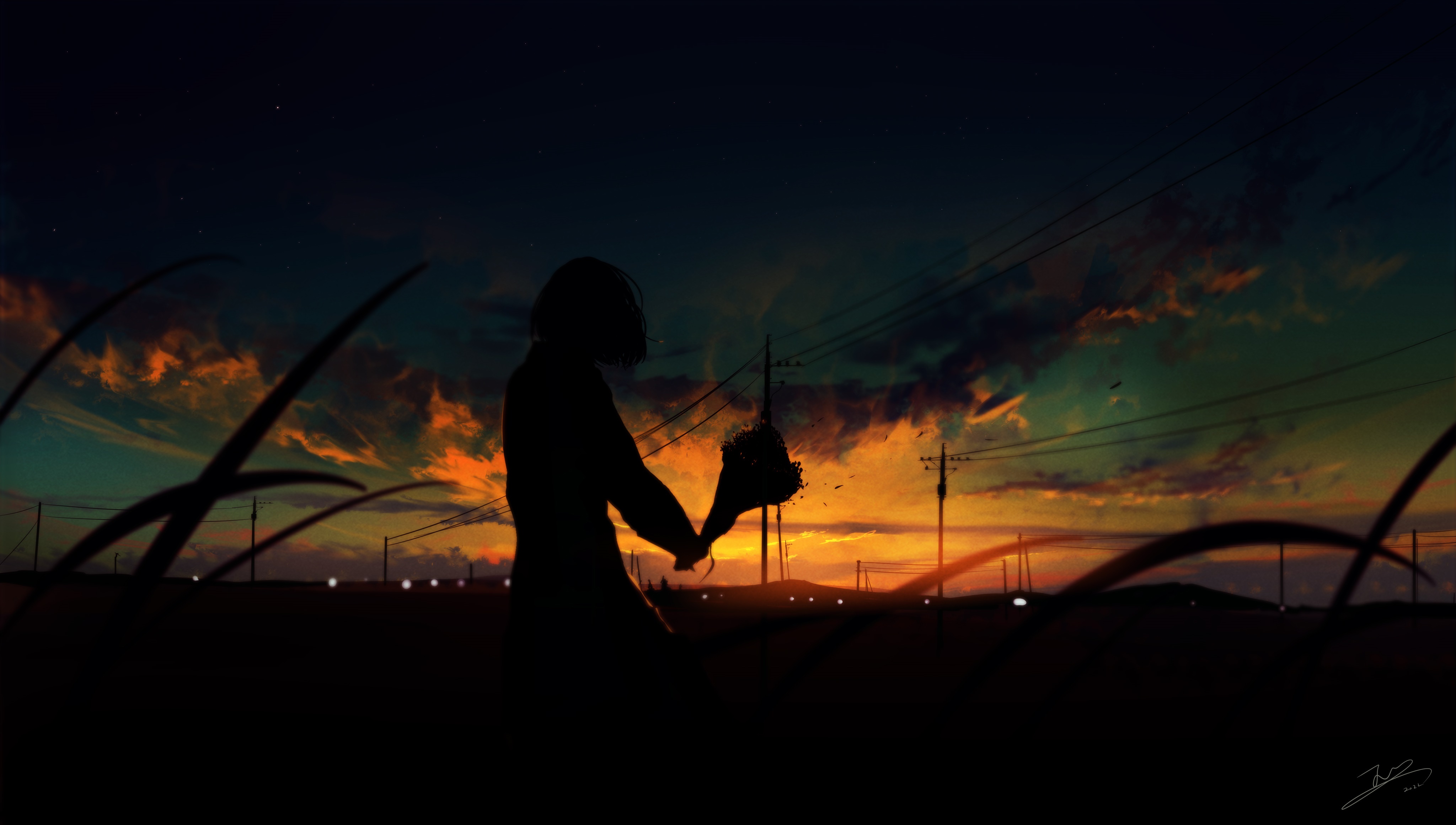 Girl holding a bouquet at sunset HD Wallpaper