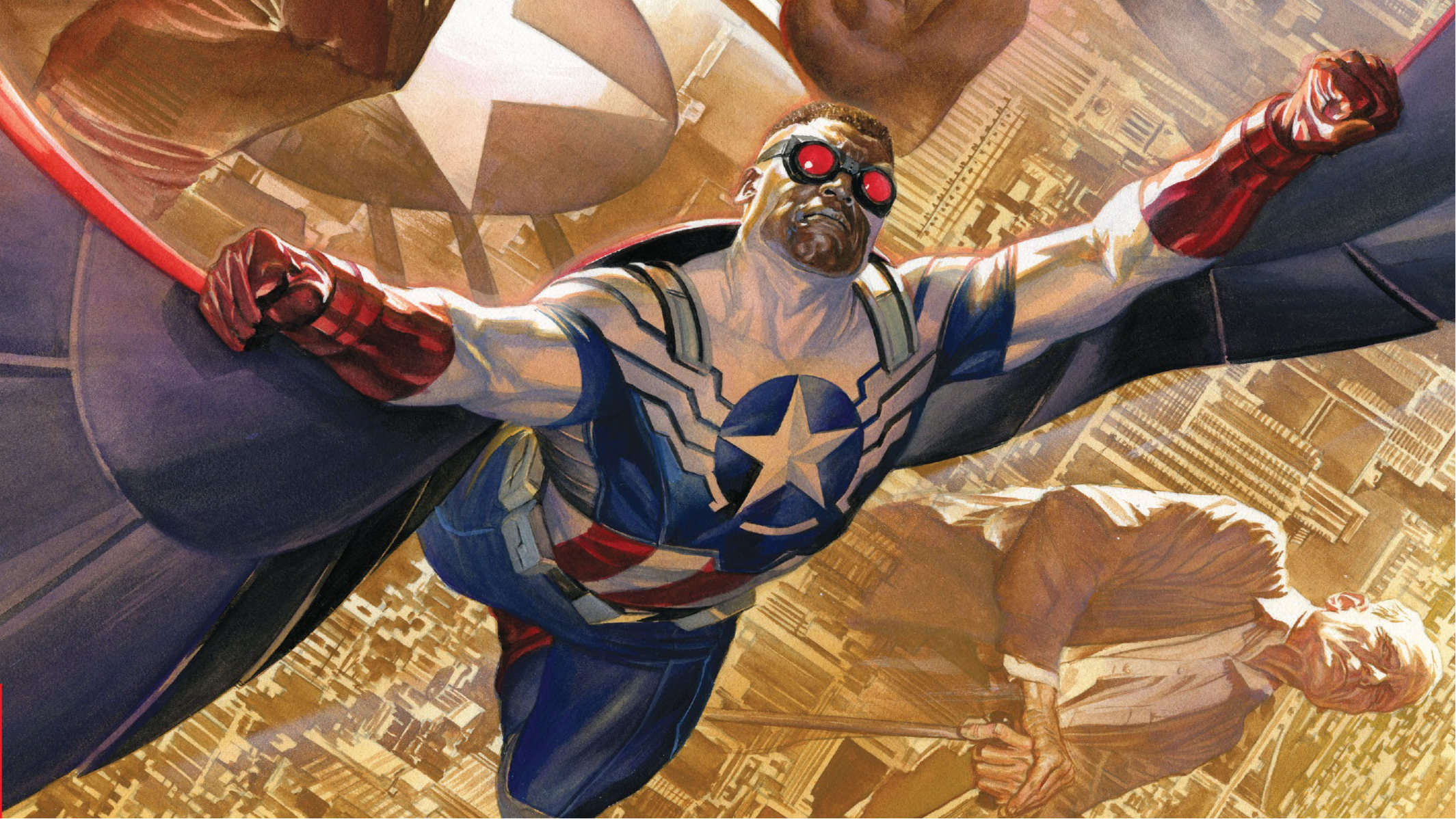 Captain America (Sam Wilson) flying over city HD Wallpaper
