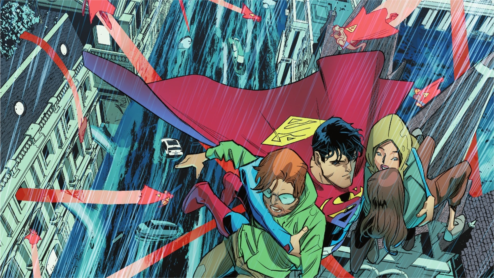 Superman and Jon Kent saving people in the rain HD Wallpaper