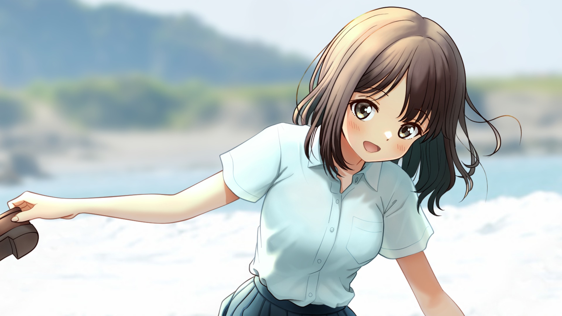 Anime girl in school uniform at the beach HD Wallpaper