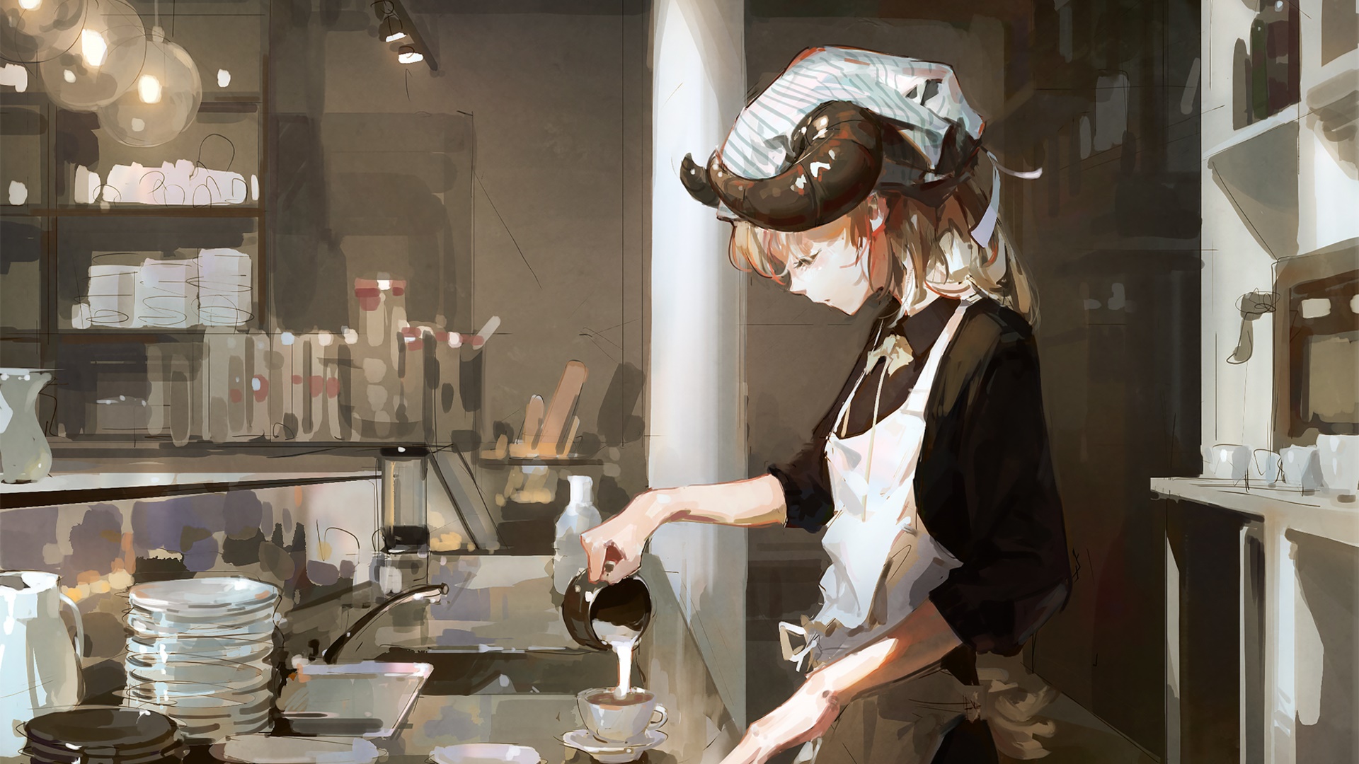 Girl with horns pouring coffee in a cafe HD Wallpaper